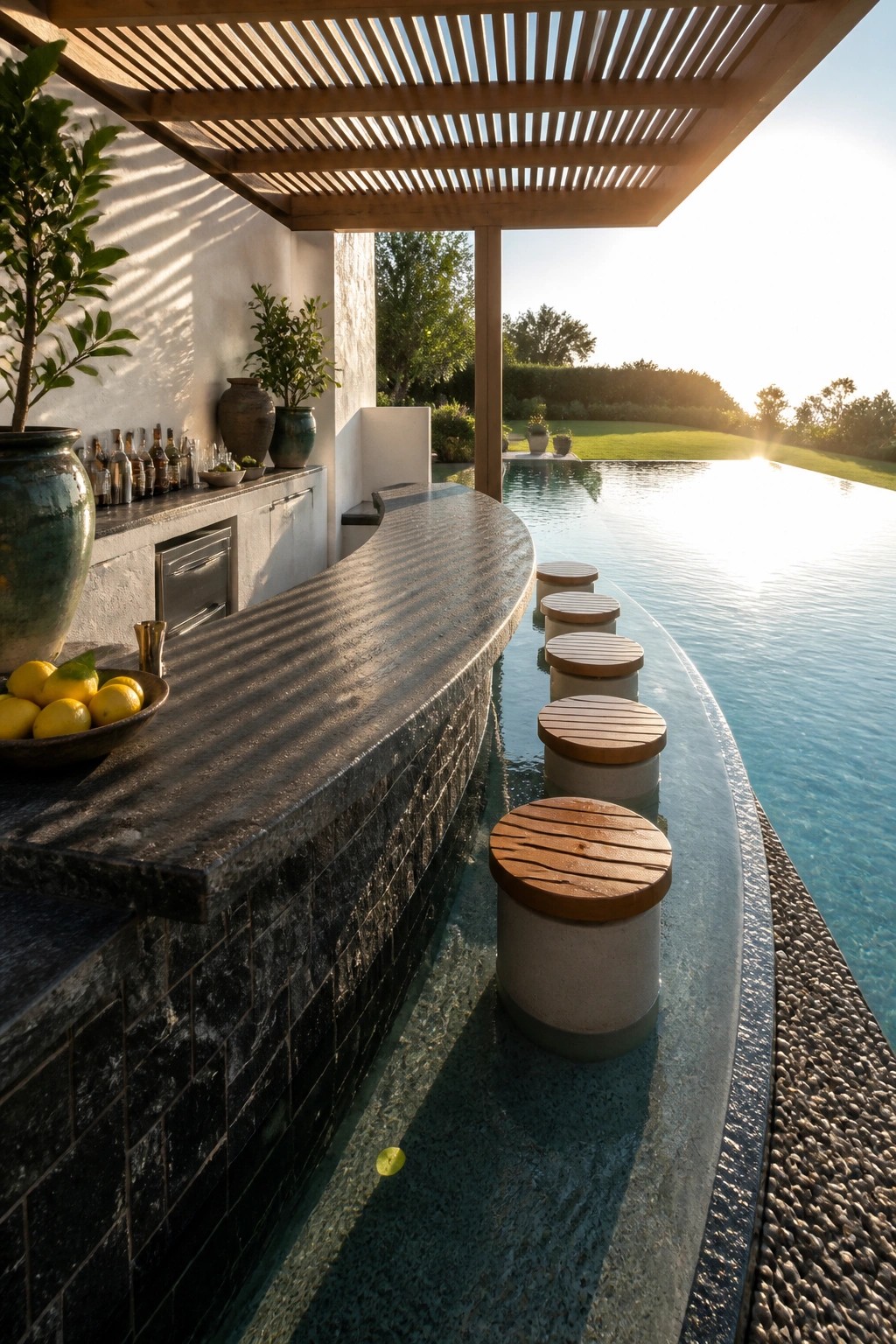 An outdoor bar with a dark stone counter curves along the edge of a pool, with round stools placed in the water under a wooden slatted roof.