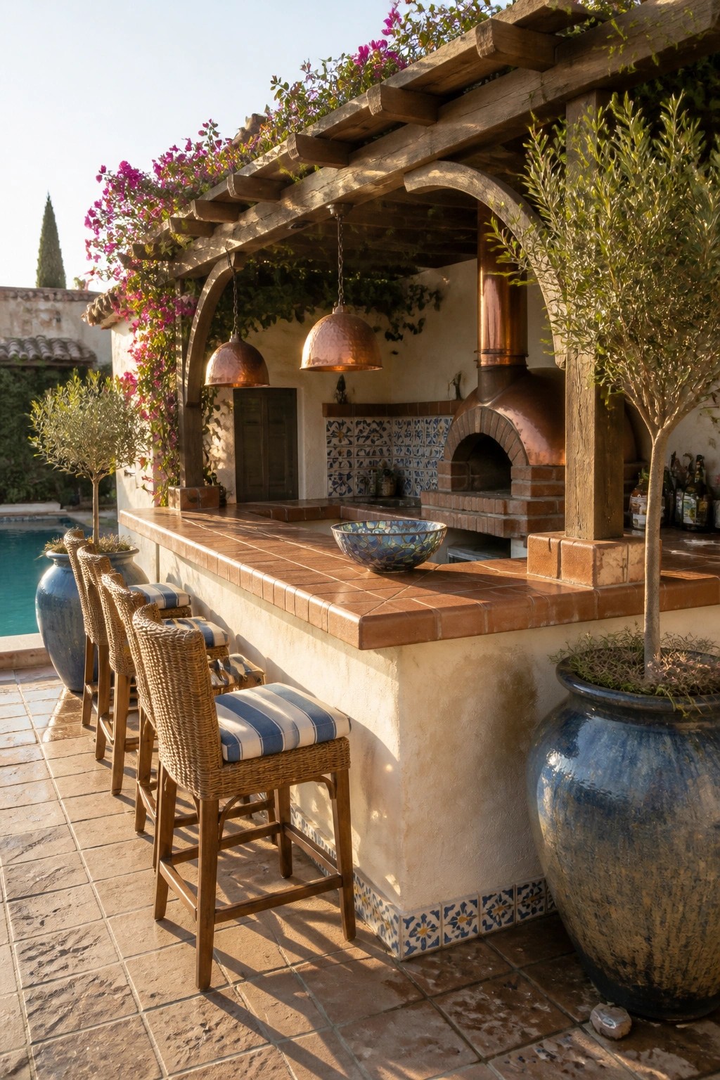 An outdoor patio bar with a long tiled counter, woven bar stools with striped cushions, a brick pizza oven under a wooden pergola, and large blue ceramic pots beside a swimming pool.