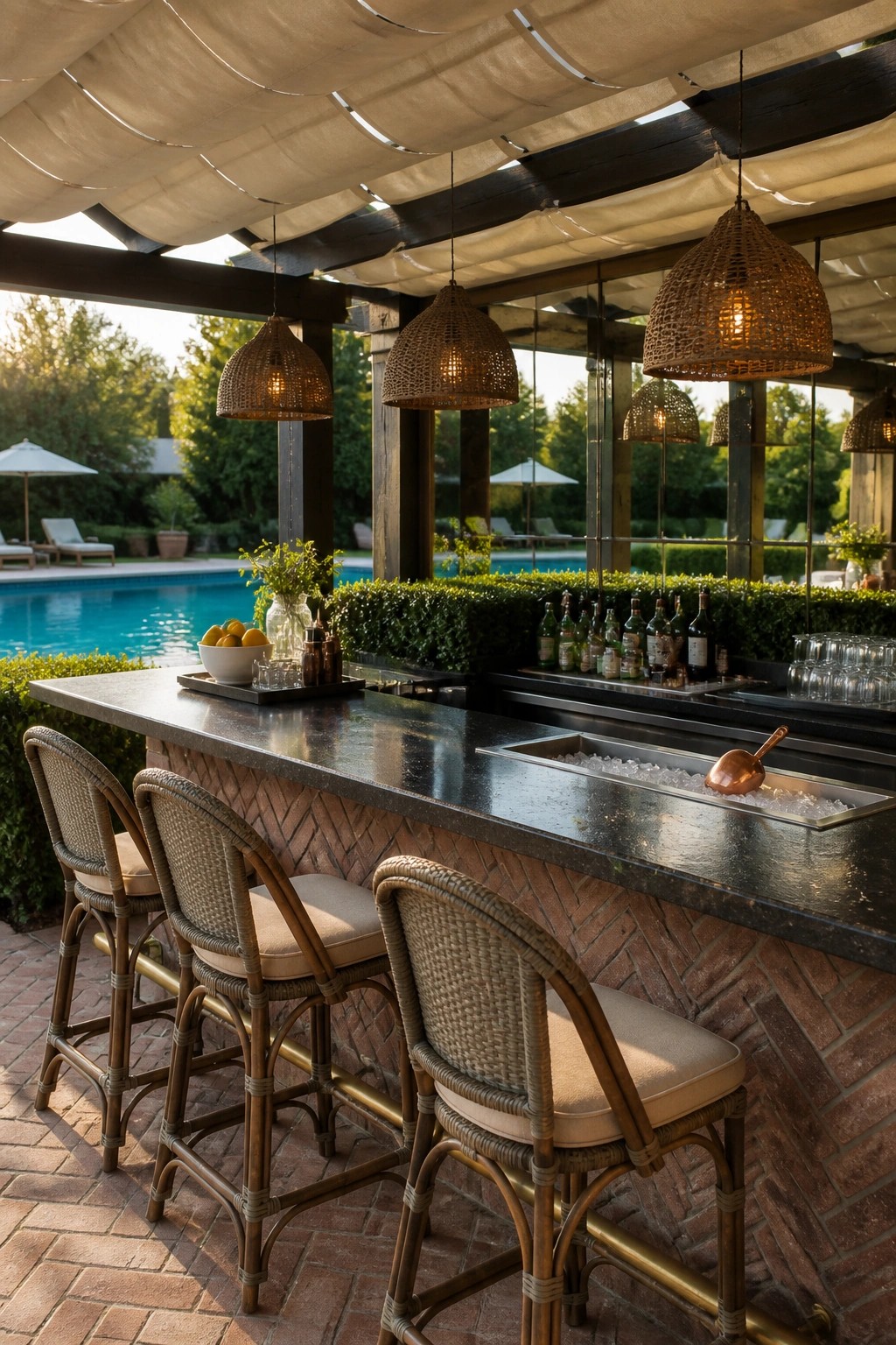 An outdoor bar counter with a built-in ice well, woven bar stools along a brick base, and hanging woven lights beside a swimming pool.