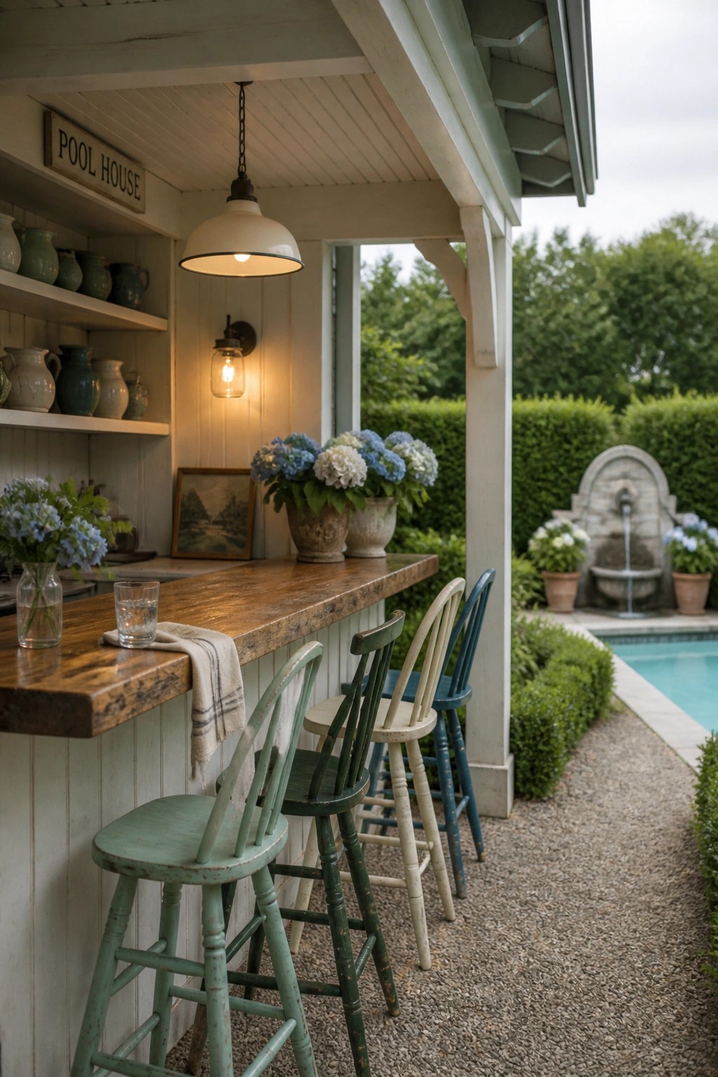 A rustic wooden bar counter with painted wooden stools lines the edge of a pool house overlooking a swimming pool and garden fountain.