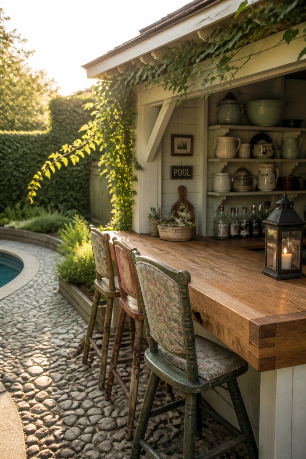 A long wooden bar counter with three upholstered stools sits beside a swimming pool, with open shelves holding pottery, bottles, and a lit lantern on the structure behind it.