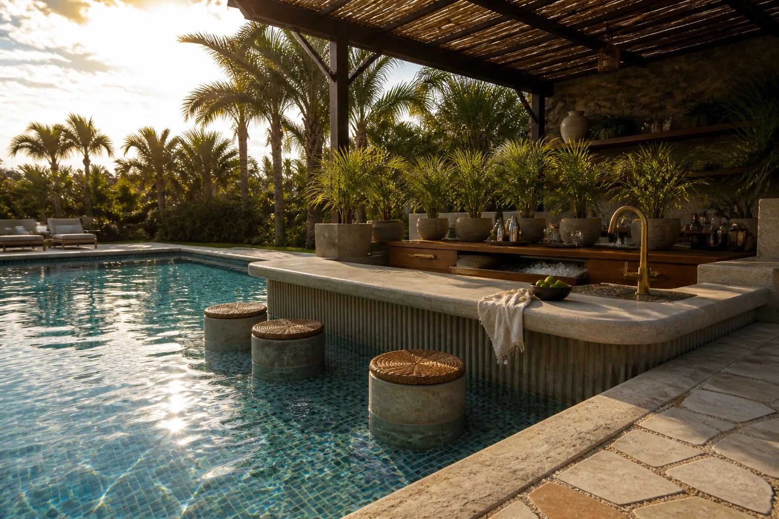 A stone bar counter with a brass faucet runs along the edge of a swimming pool, with two round stools sitting in the blue tiled water.