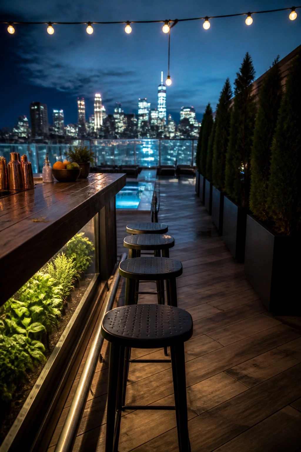 A nighttime rooftop patio with a wooden bar counter, four black metal stools in a row, string lights overhead, potted evergreen trees, a small pool, and a city skyline in the background.
