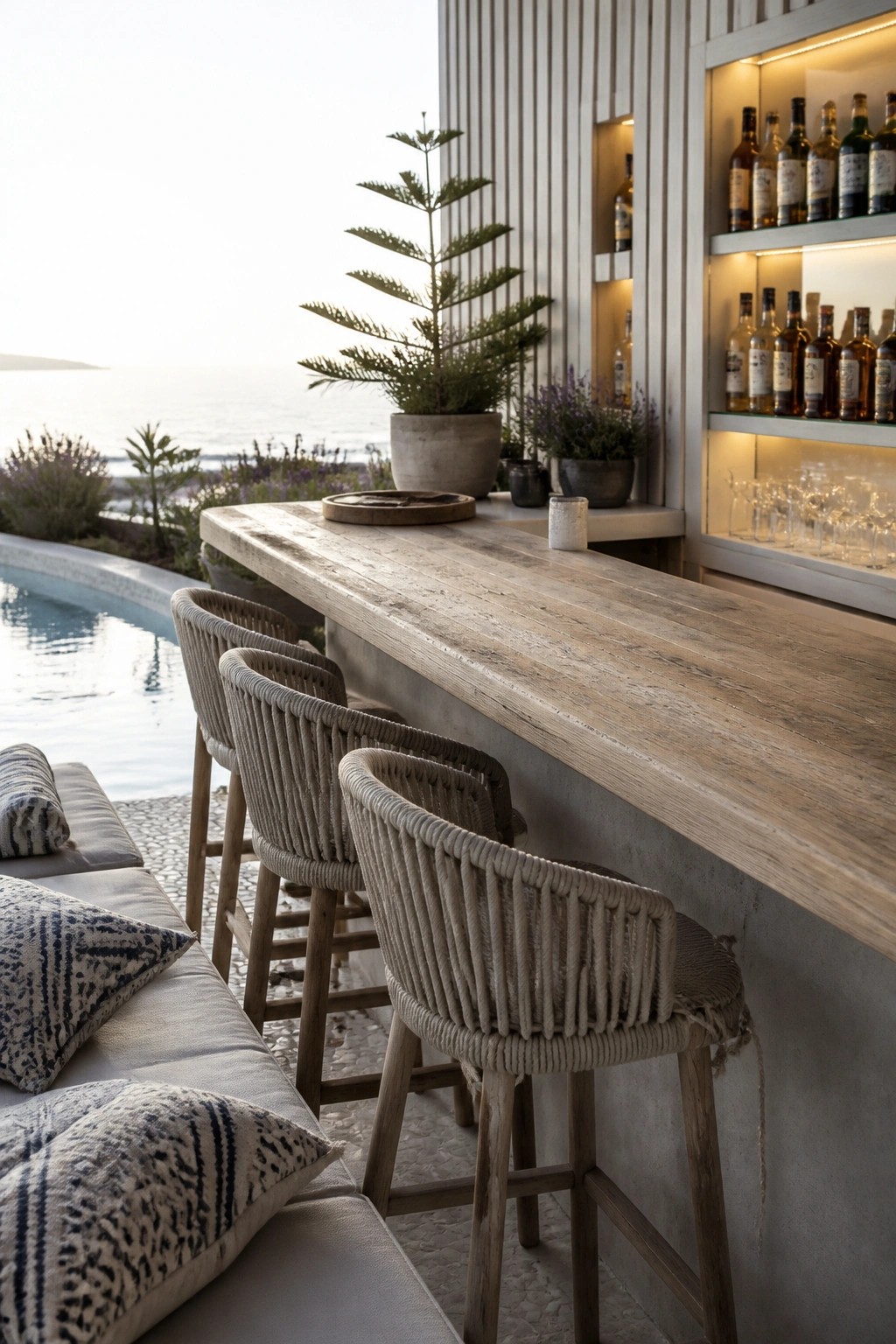 Outdoor wooden bar counter with four woven bar stools next to a pool, with illuminated shelves holding liquor bottles and glassware.