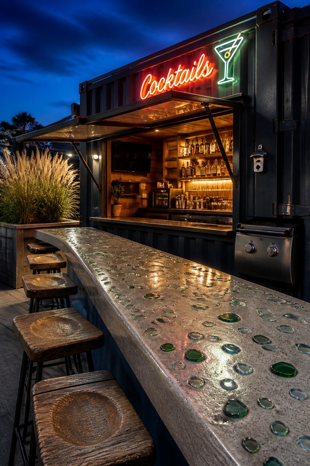 A repurposed shipping container bar at dusk with a red neon sign, glass-embedded concrete counter, wooden stools, and shelves of bottles inside.