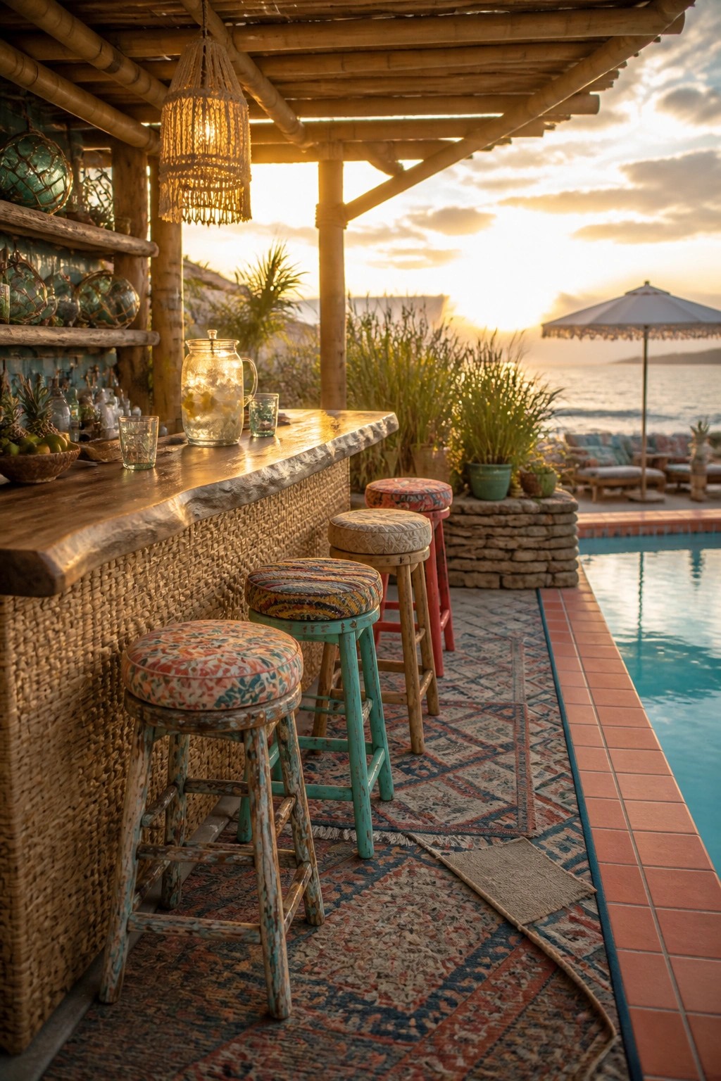 A rustic wooden bar counter with colorful patterned stools on rugs beside a swimming pool at sunset.