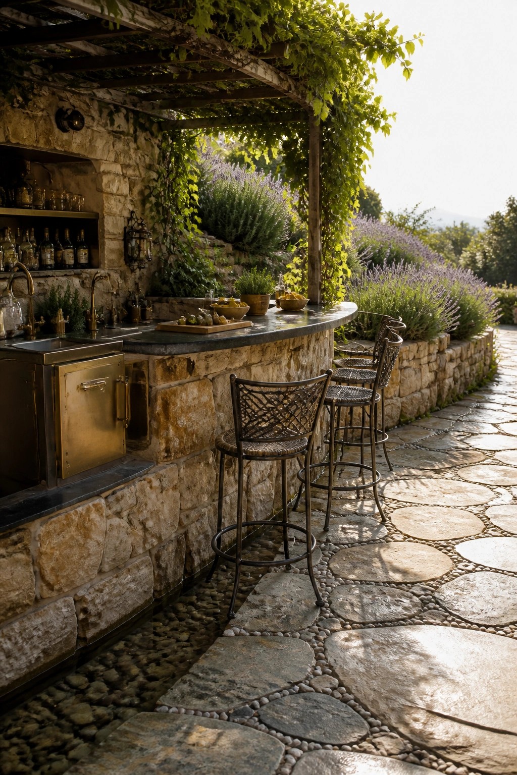 A curved stone bar with a dark countertop and three metal bar stools stands beside a stone pathway lined with lavender under a vine-covered pergola.