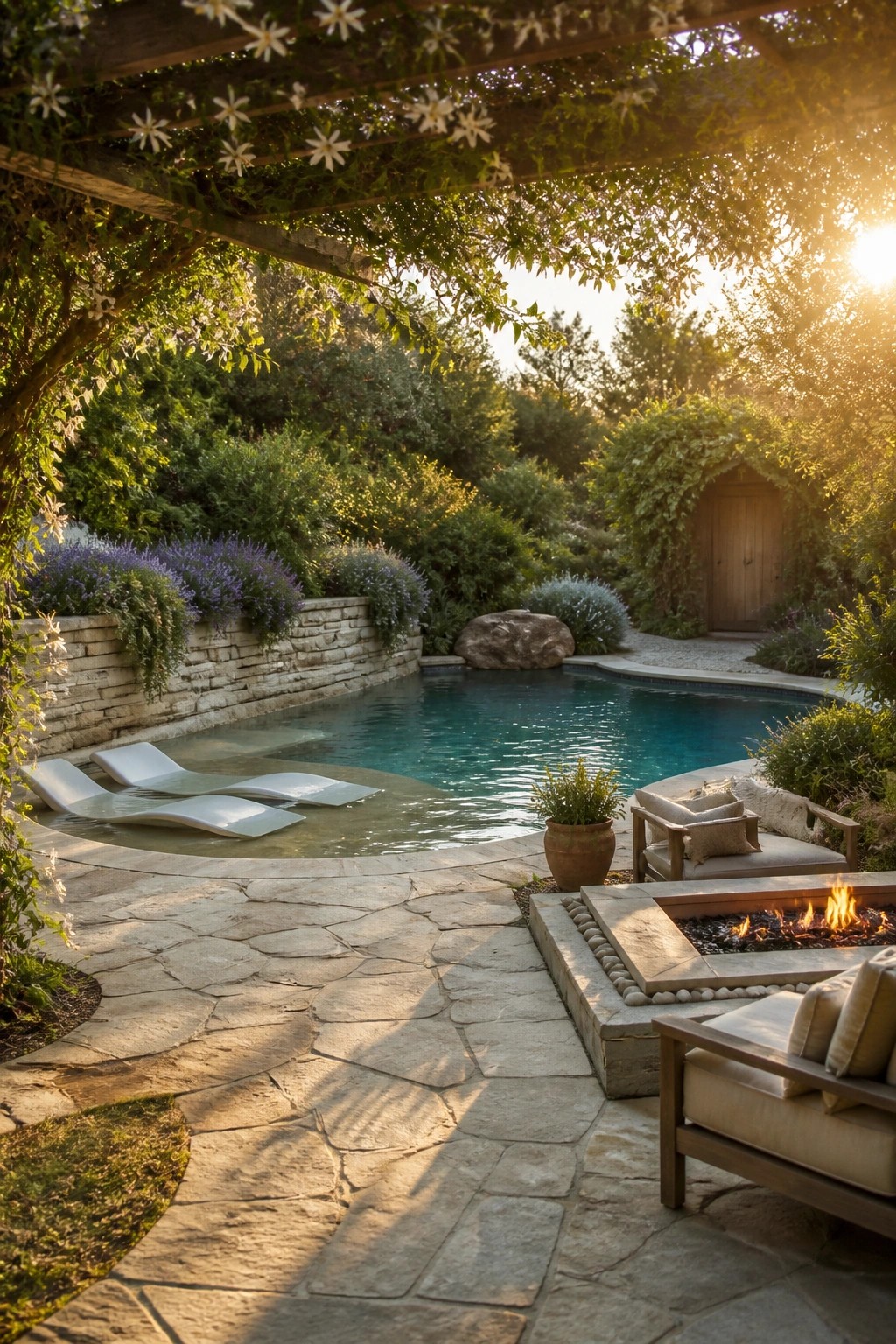 22 Gorgeous Modern Inground Pool Ideas for a Polished Backyard Luxurious poolside with in-water loungers, stone fire pit, and flowering pergola at sunset