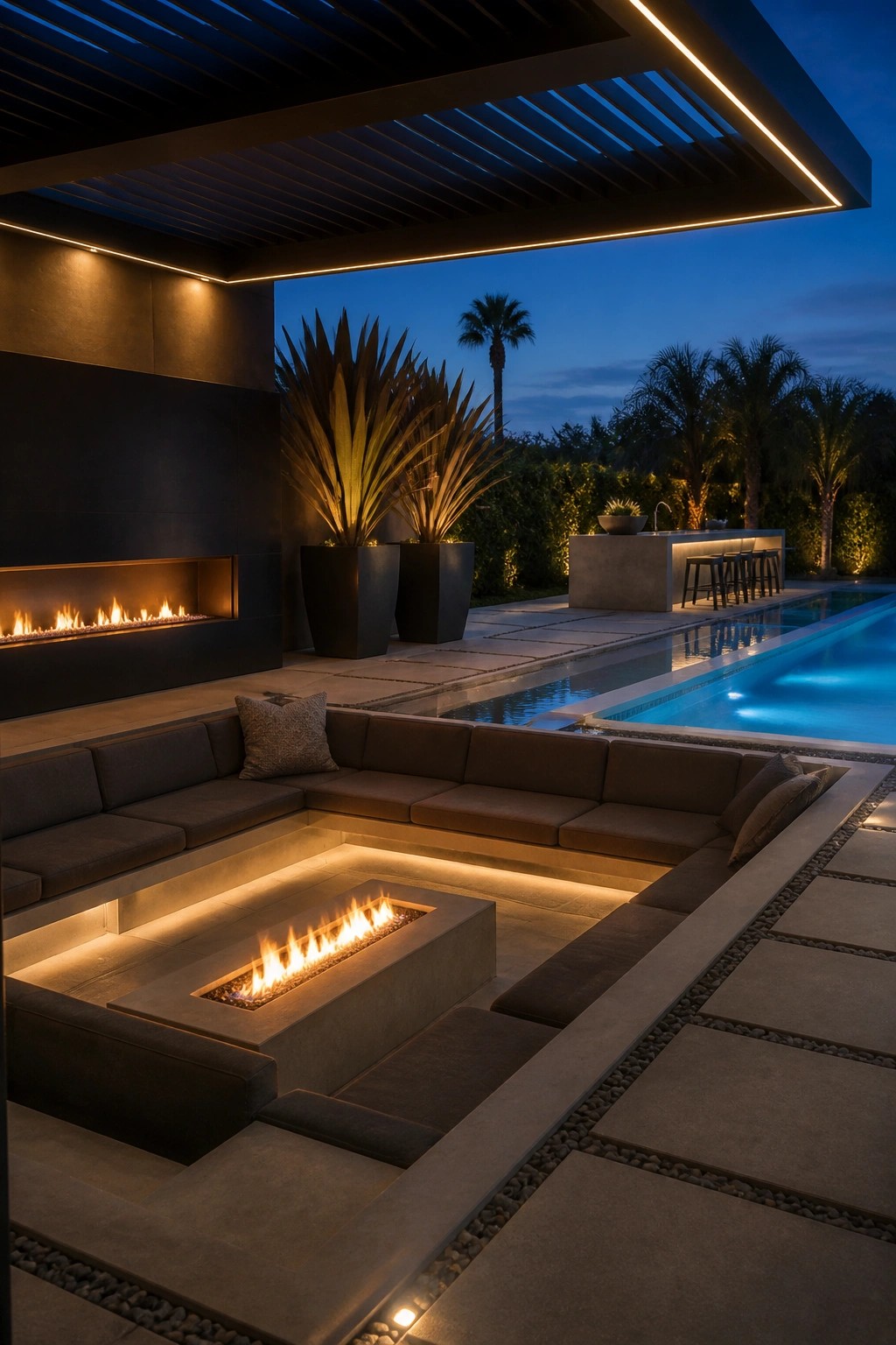 22 Gorgeous Modern Inground Pool Ideas for a Polished Backyard A modern outdoor pool area at dusk featuring an L-shaped built-in lounge with a rectangular concrete fire pit in the center, adjacent to a long swimming pool and an outdoor kitchen in the background.