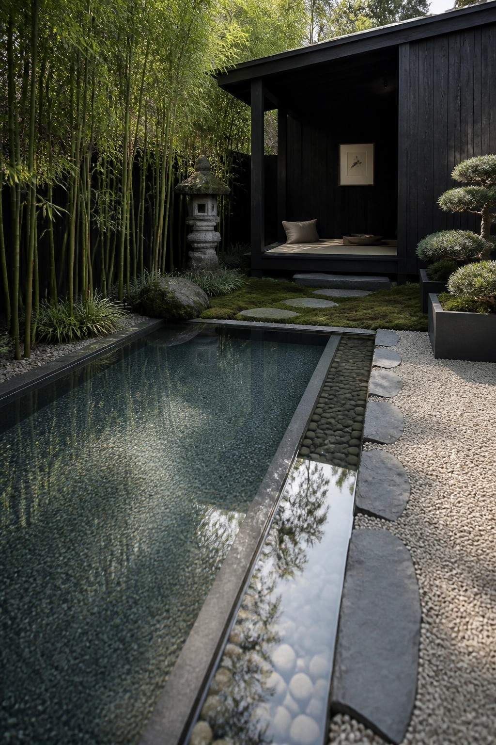 22 Gorgeous Modern Inground Pool Ideas for a Polished Backyard Zen garden with reflecting pool, bamboo grove, stone lantern, and dark wooden pavilion.