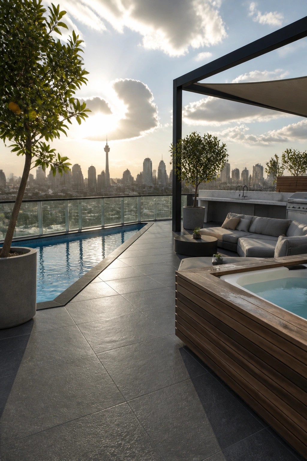 22 Gorgeous Modern Inground Pool Ideas for a Polished Backyard Luxurious rooftop terrace with pool, hot tub, lounge seating, and city skyline at sunset.
