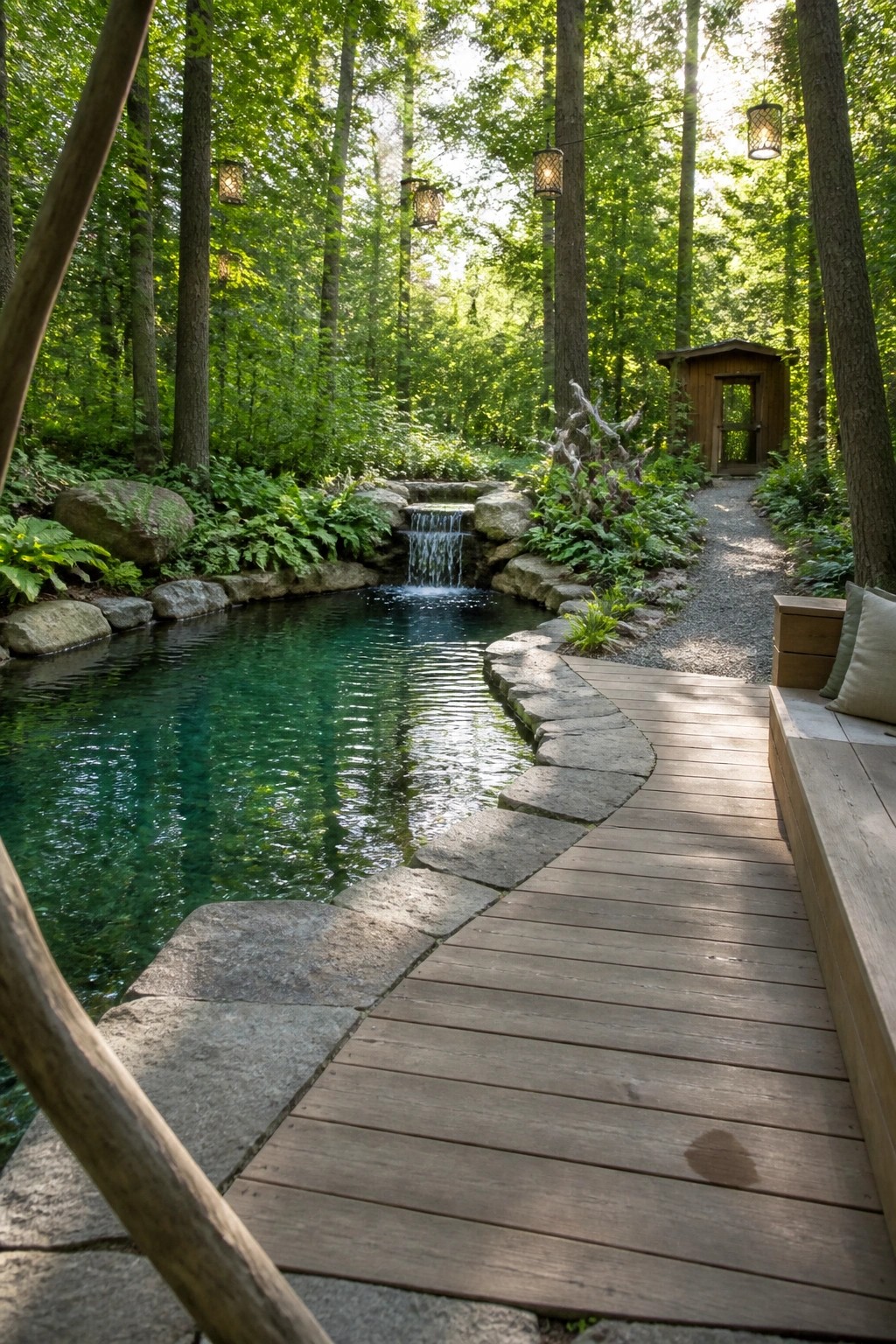 22 Gorgeous Modern Inground Pool Ideas for a Polished Backyard An inground pool with irregular stone edging, a small waterfall, and a curving wooden deck path surrounded by trees.