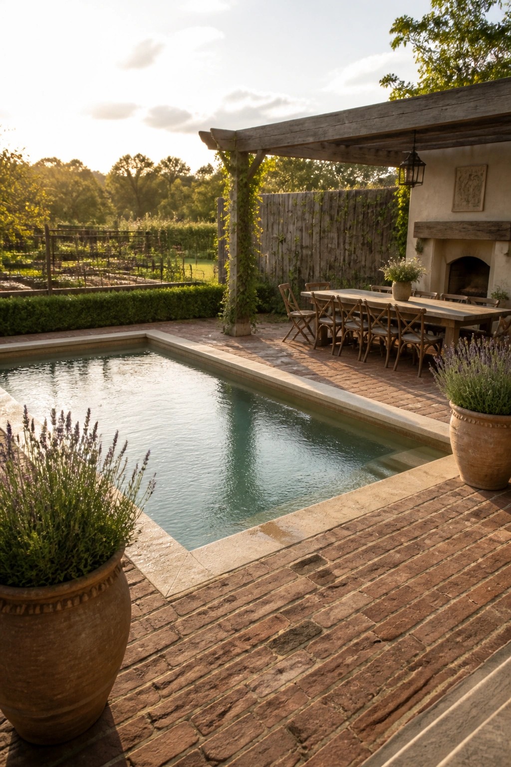 22 Gorgeous Modern Inground Pool Ideas for a Polished Backyard A rectangular inground pool bordered by brick paving, with a long wooden dining table under a pergola and potted plants nearby.