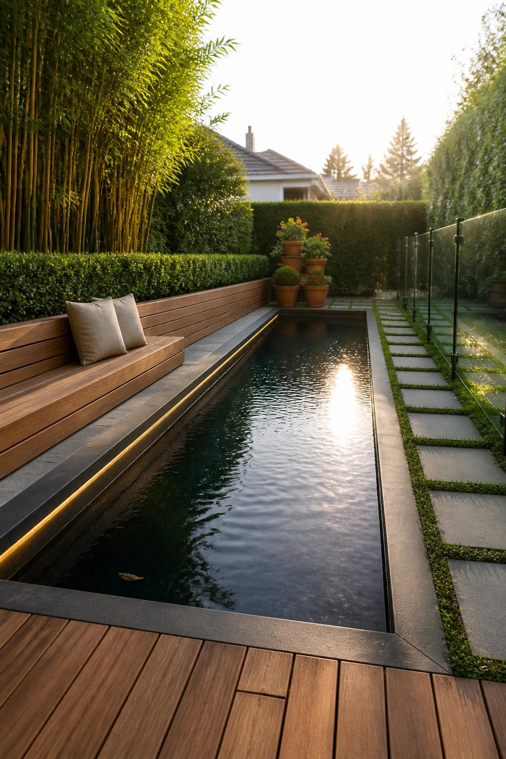 22 Gorgeous Modern Inground Pool Ideas for a Polished Backyard A long narrow inground pool with dark water, wooden decking and a built-in bench with cushions on one side, and a row of stone pavers on the other.