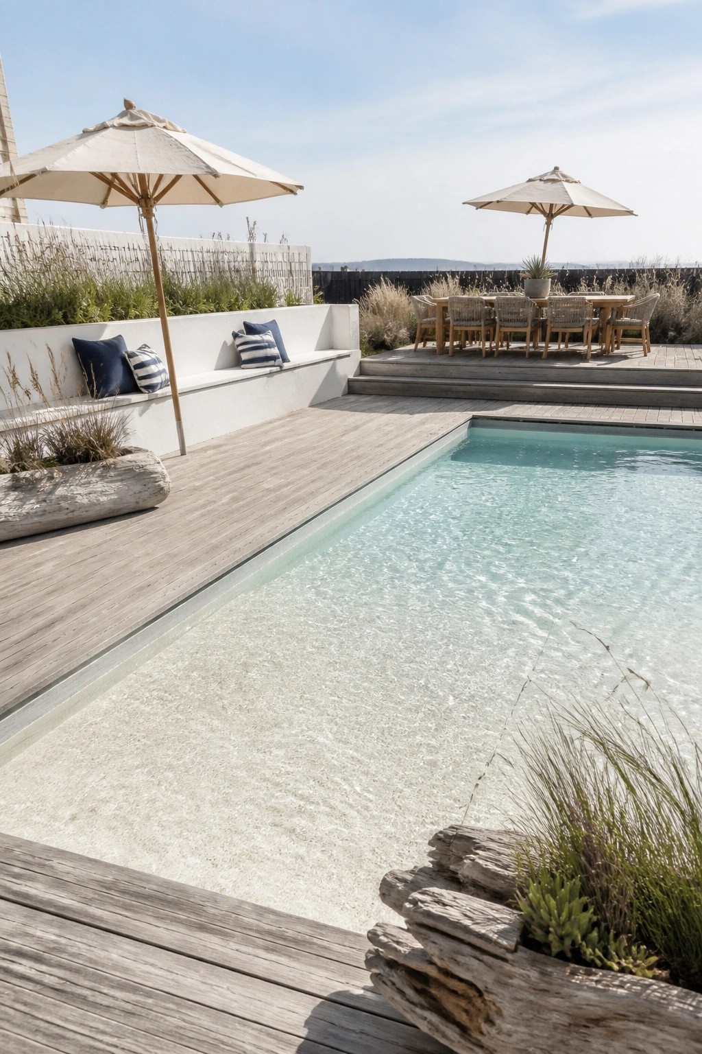 22 Gorgeous Modern Inground Pool Ideas for a Polished Backyard A modern inground pool with clear turquoise water, surrounded by light wooden decking, a built-in white bench with blue and striped pillows, and two large white umbrellas over dining and lounge areas.