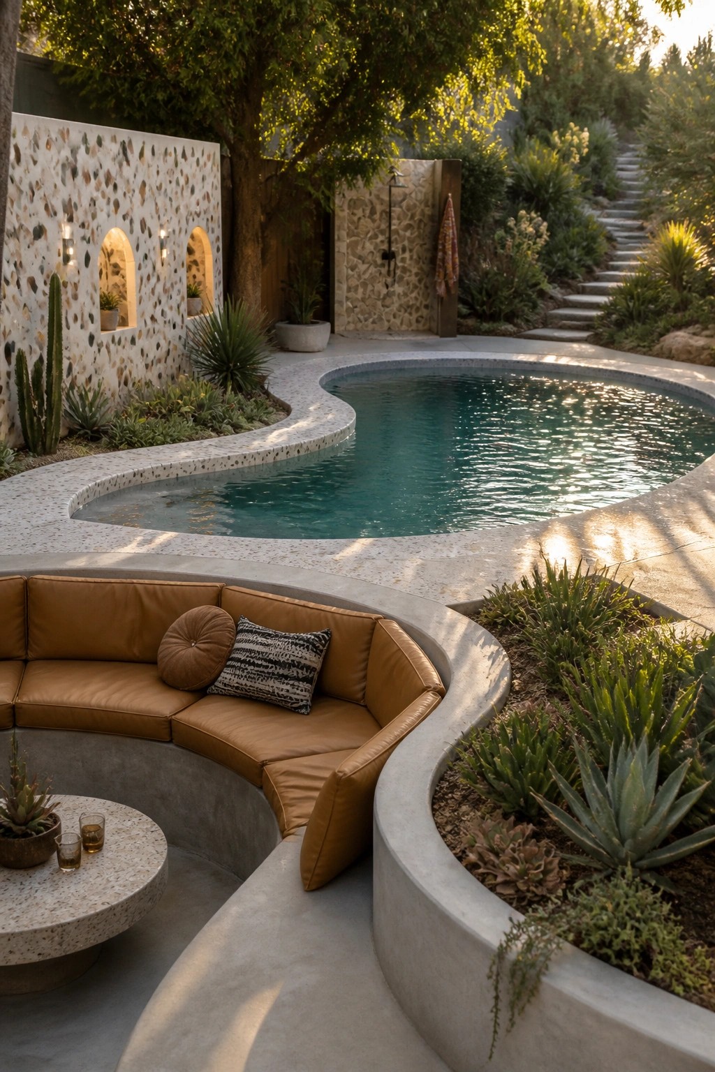 22 Gorgeous Modern Inground Pool Ideas for a Polished Backyard A curved modern inground pool with matching curved concrete seating that has brown leather cushions, set against a pebble wall and desert plants.