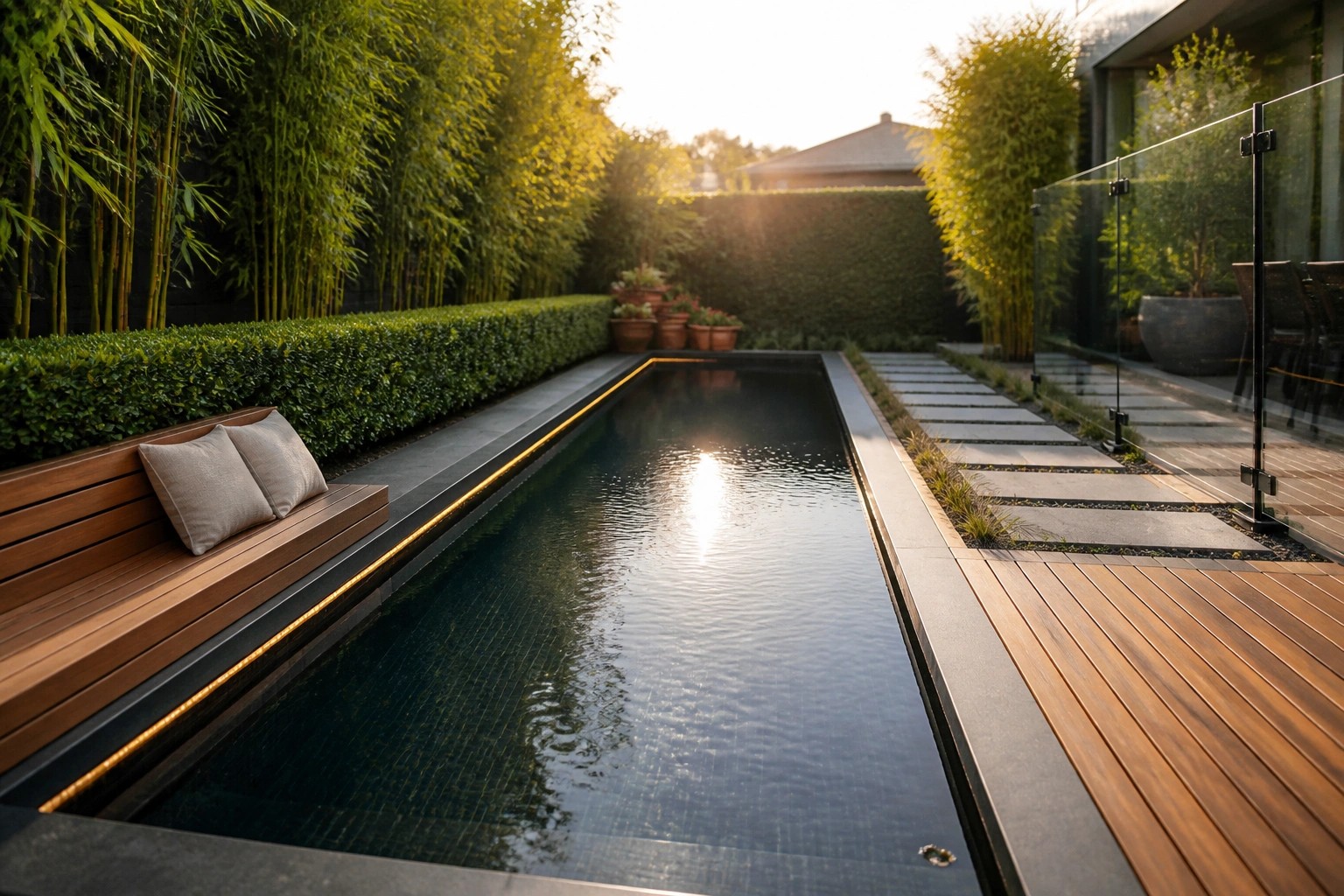 A long narrow inground pool with dark water, wooden decking and a built-in bench with cushions on one side, and a row of stone pavers on the other.