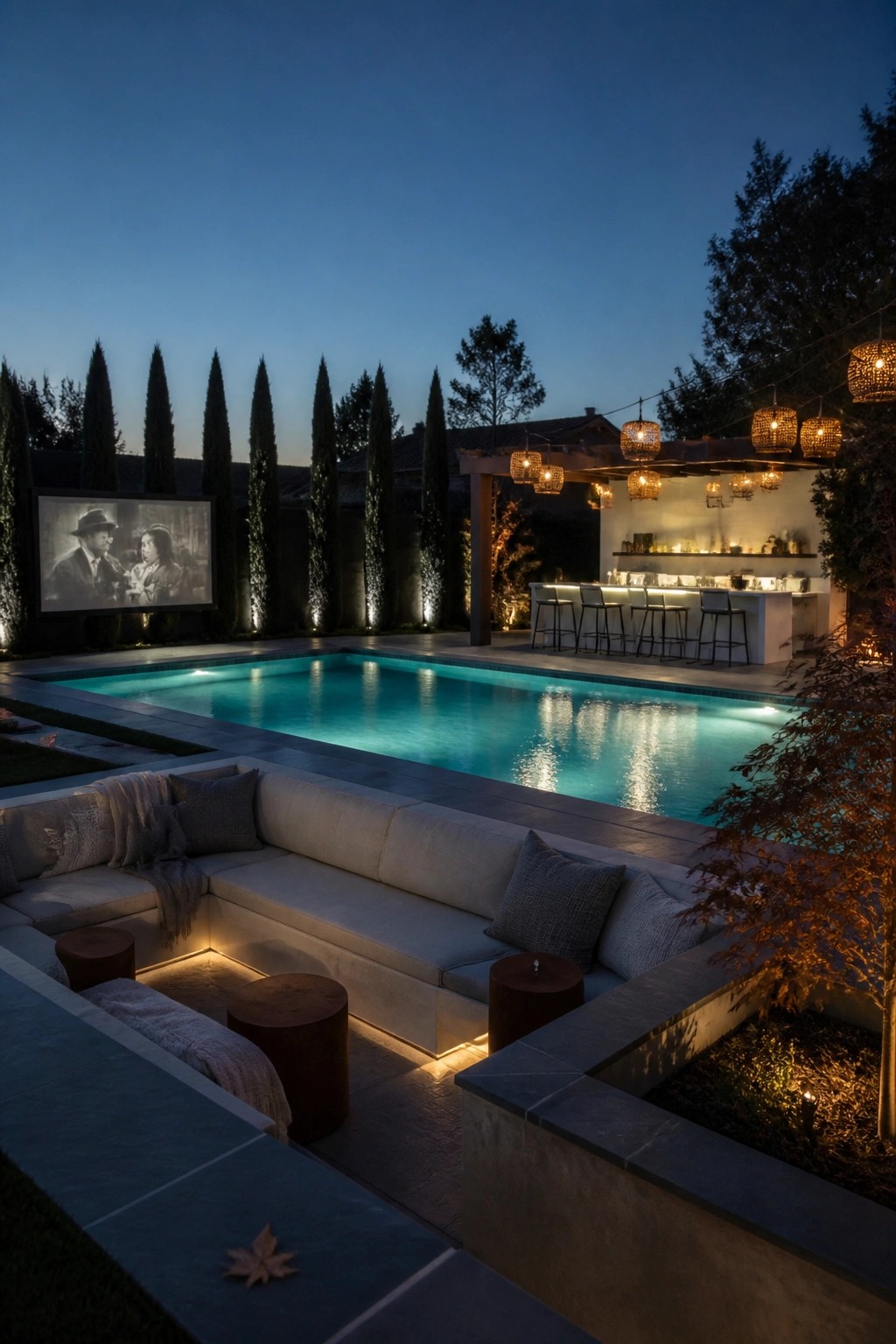 22 Gorgeous Modern Inground Pool Ideas for a Polished Backyard A modern backyard at dusk features an inground pool with an L-shaped outdoor sectional sofa positioned directly along the near edge, a bar with stools in the background, and a movie screen on the left wall.