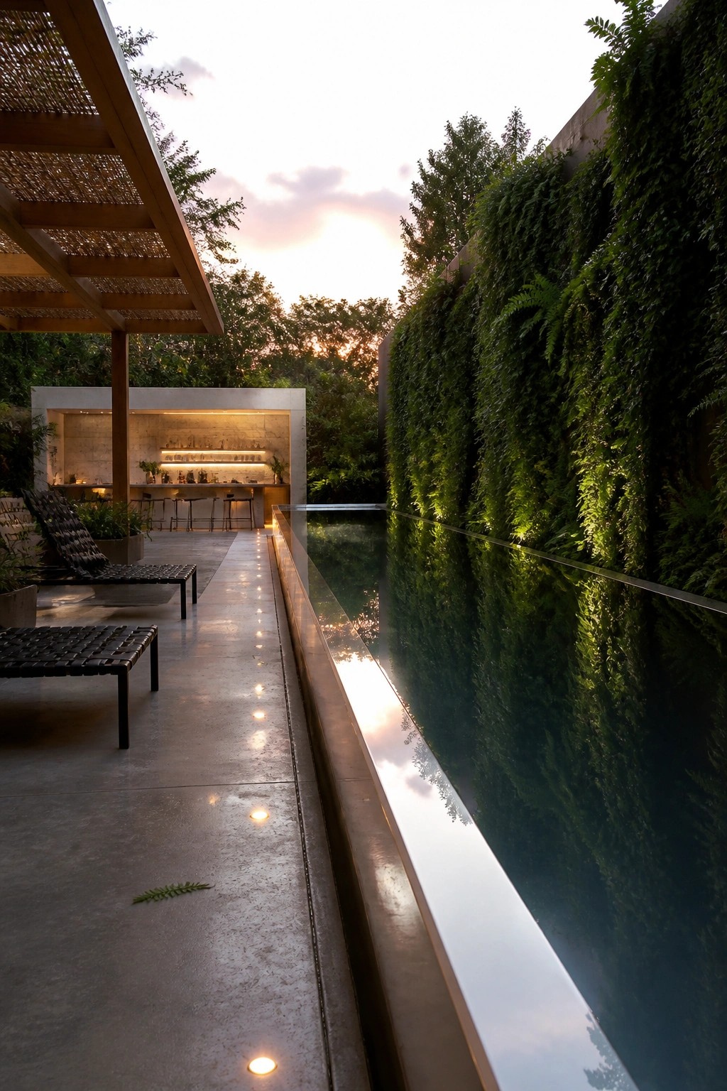 22 Gorgeous Modern Inground Pool Ideas for a Polished Backyard A long narrow pool with a glass edge sits beside a tall living wall covered in ferns, with concrete lounge chairs and an outdoor bar visible in the background at dusk.