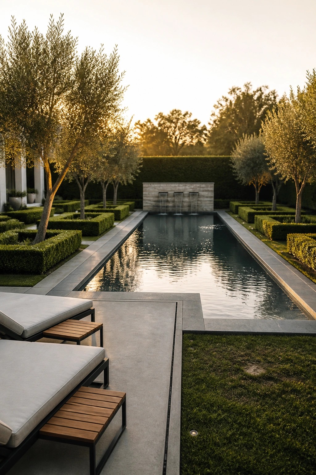 22 Gorgeous Modern Inground Pool Ideas for a Polished Backyard A long rectangular inground pool with a stone water wall at the end, bordered by geometric hedges and trees, and lounge chairs on a concrete deck in the foreground.