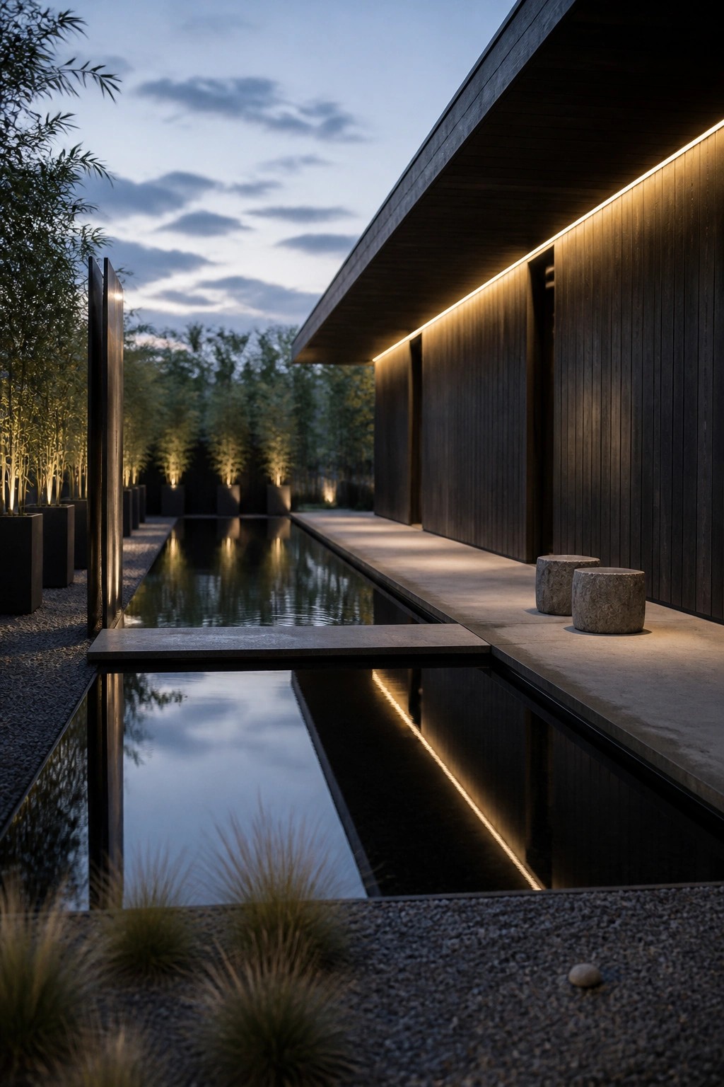 22 Gorgeous Modern Inground Pool Ideas for a Polished Backyard A modern dark wood building next to a long narrow reflecting pool at dusk with linear lighting along the water edge and two stone stools on the concrete deck.