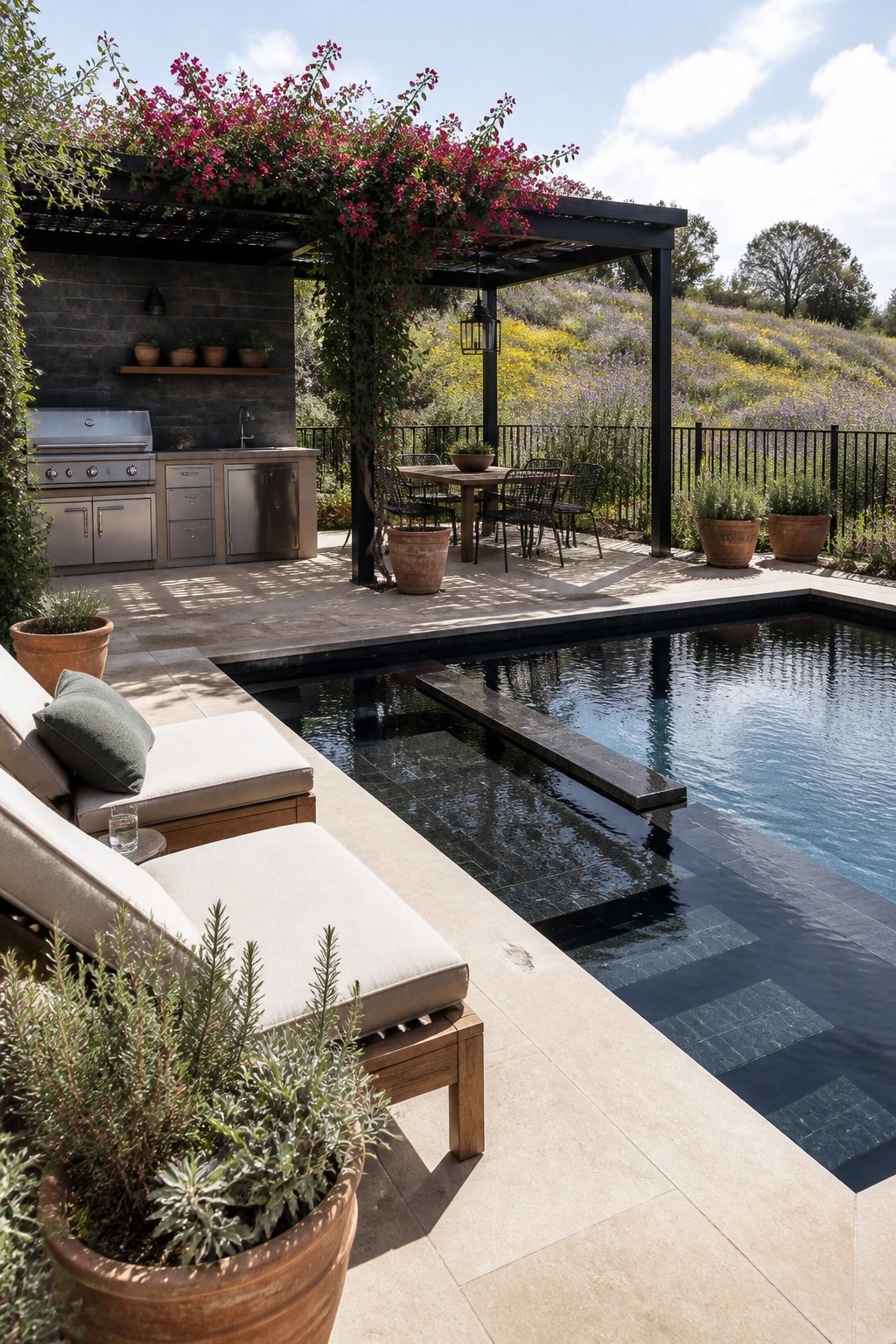 22 Gorgeous Modern Inground Pool Ideas for a Polished Backyard A modern backyard showing an inground pool with dark tile edging, an outdoor kitchen with stainless appliances, lounge chairs, and a dining area under a black pergola covered in pink flowers.