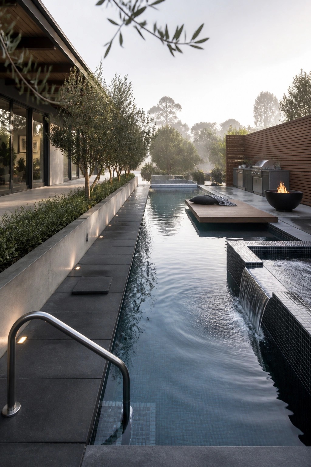 22 Gorgeous Modern Inground Pool Ideas for a Polished Backyard A long modern inground pool with a wooden platform extending over the water next to an outdoor kitchen and fire pit area.