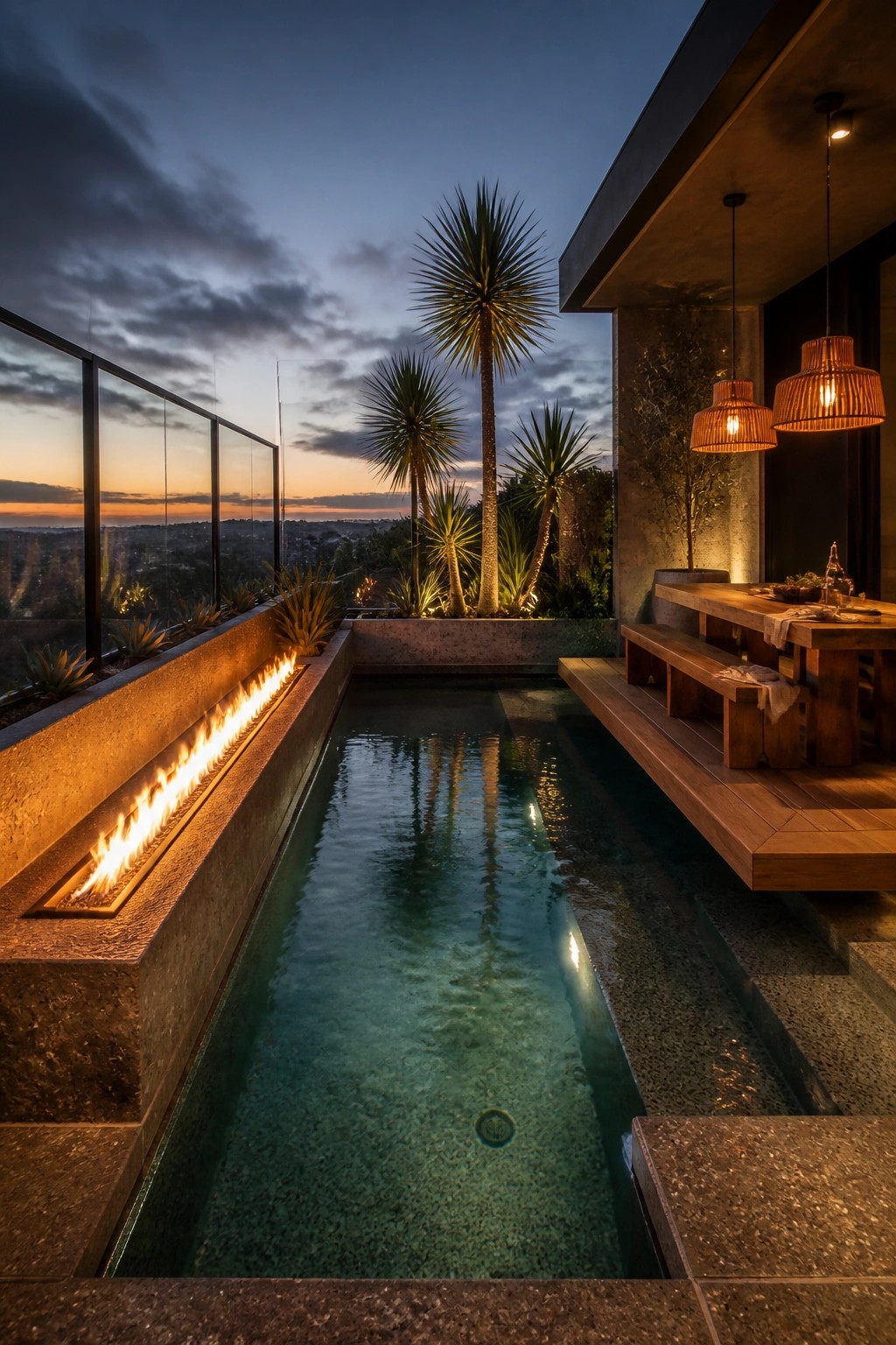 22 Gorgeous Modern Inground Pool Ideas for a Polished Backyard Modern rooftop pool with fire feature, wooden dining table, palm trees at dusk