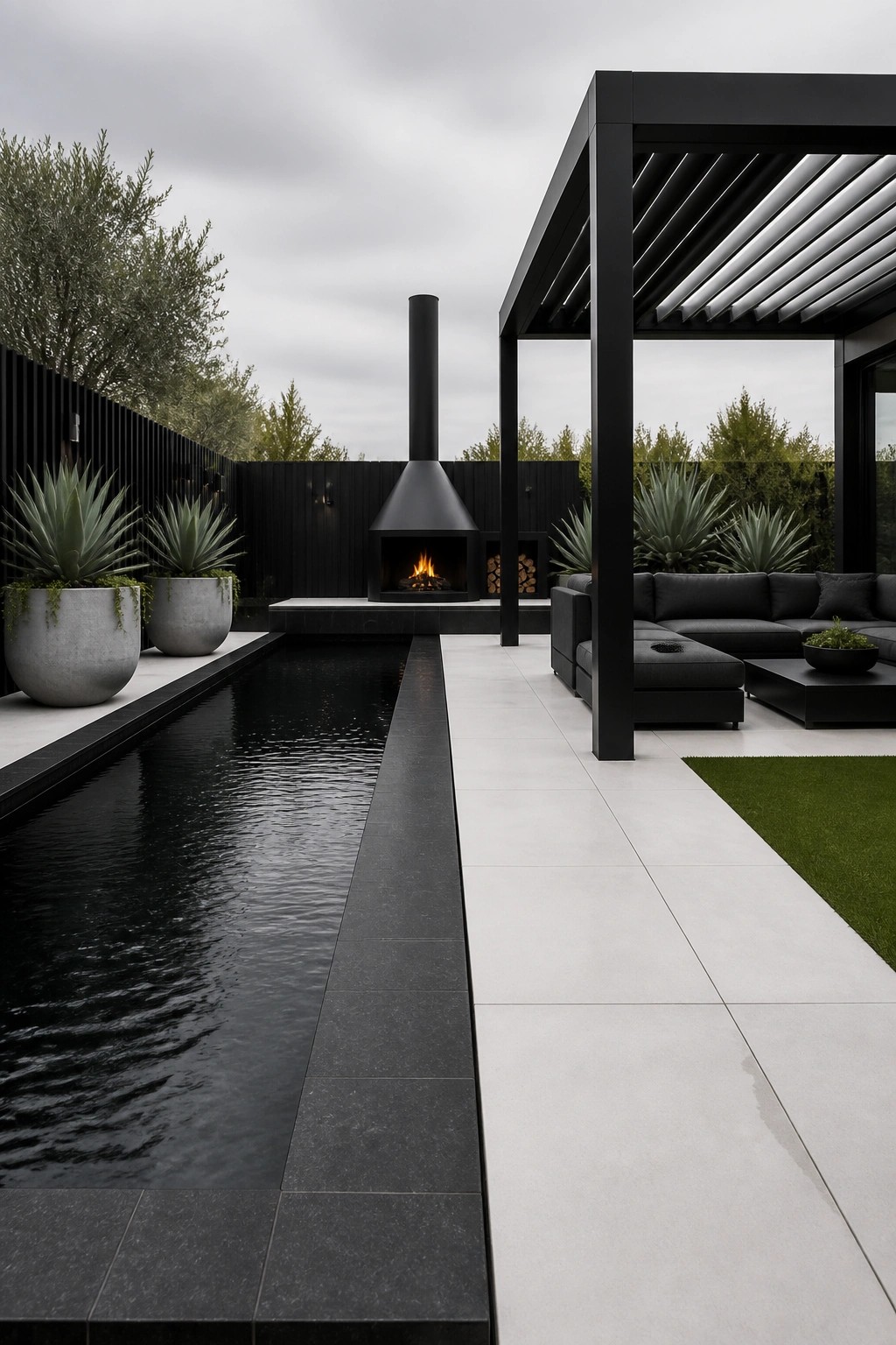 22 Gorgeous Modern Inground Pool Ideas for a Polished Backyard A modern outdoor space with a long narrow black pool running beside a white tiled patio, black outdoor sectional, pergola, and a black fireplace at the end.
