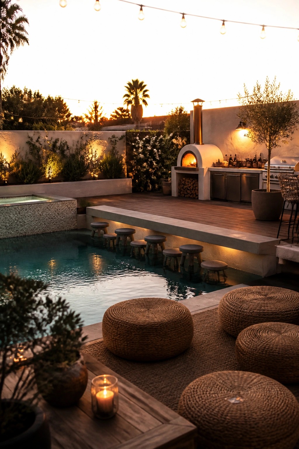 22 Gorgeous Modern Inground Pool Ideas for a Polished Backyard Swimming pool with stools, wooden deck, pizza oven, string lights, woven poufs at sunset