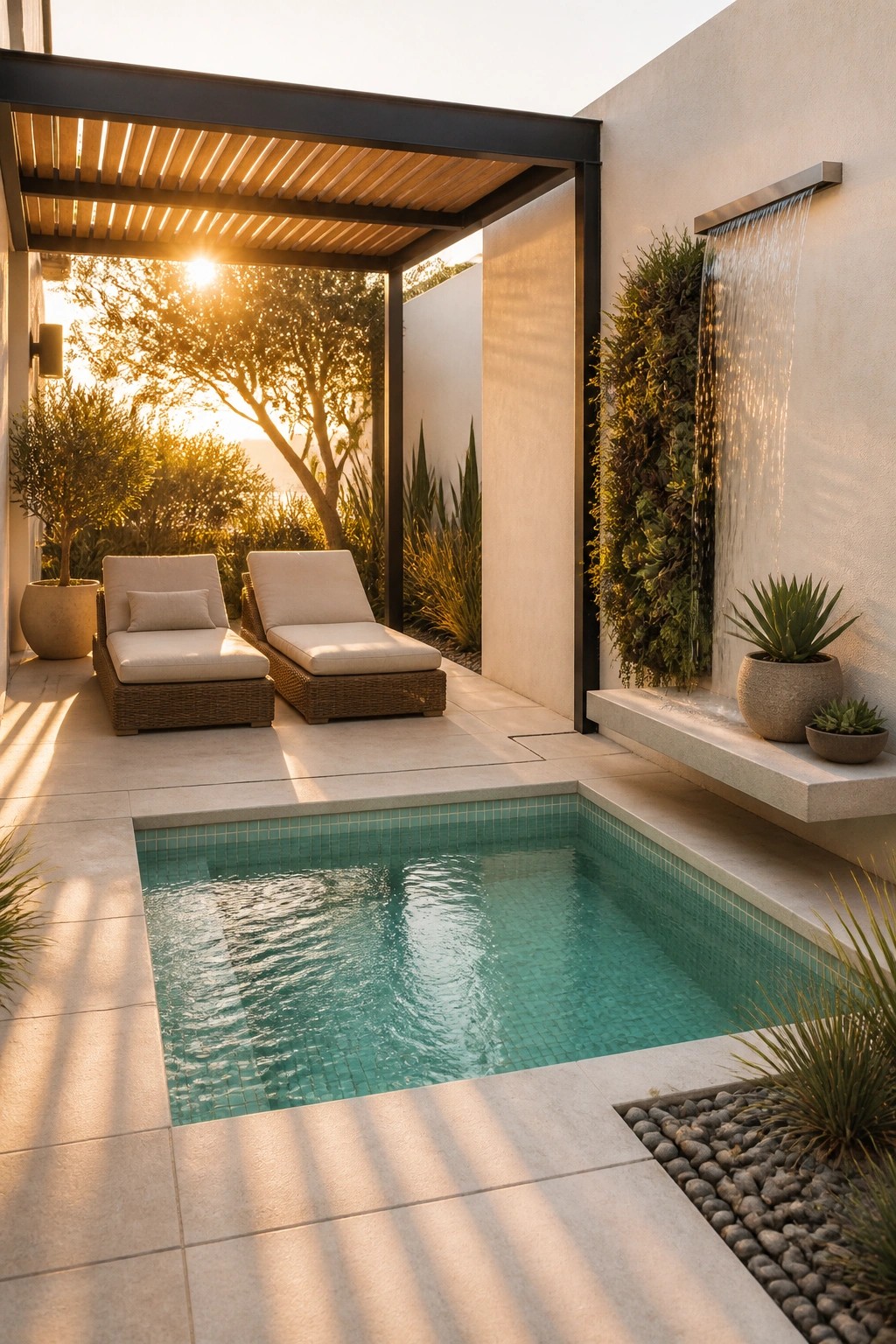 22 Gorgeous Modern Inground Pool Ideas for a Polished Backyard An inground pool with two lounge chairs under a modern pergola beside a wall-mounted water feature and vertical garden.