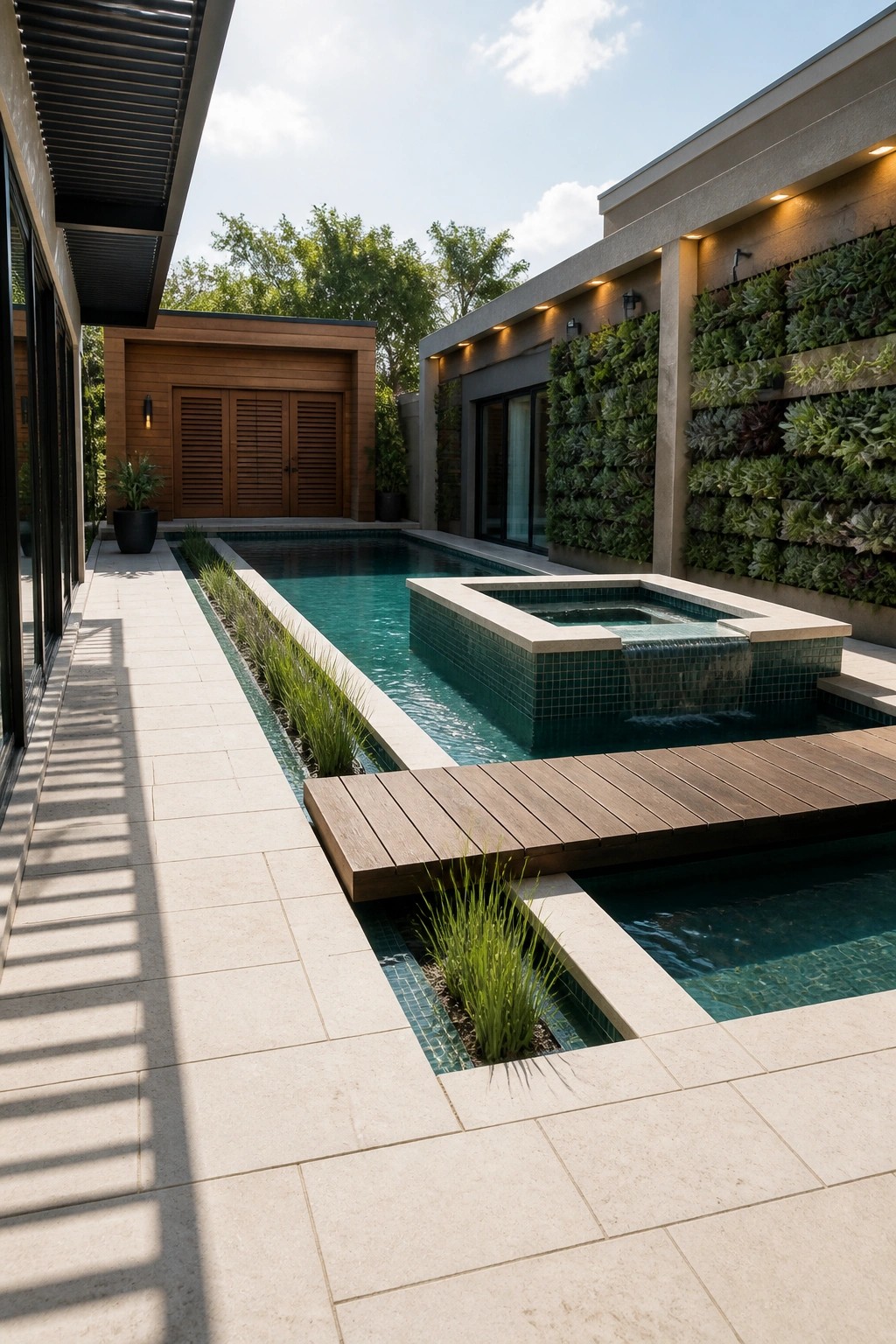 22 Gorgeous Modern Inground Pool Ideas for a Polished Backyard Modern rectangular inground pool with a wooden deck platform spanning across part of the water and integrated planting pockets.