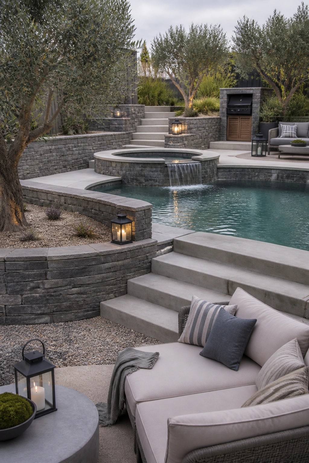 22 Gorgeous Modern Inground Pool Ideas for a Polished Backyard A backyard pool area with a circular spa and waterfall, stone walls, concrete steps, and a cushioned outdoor sofa in the foreground.