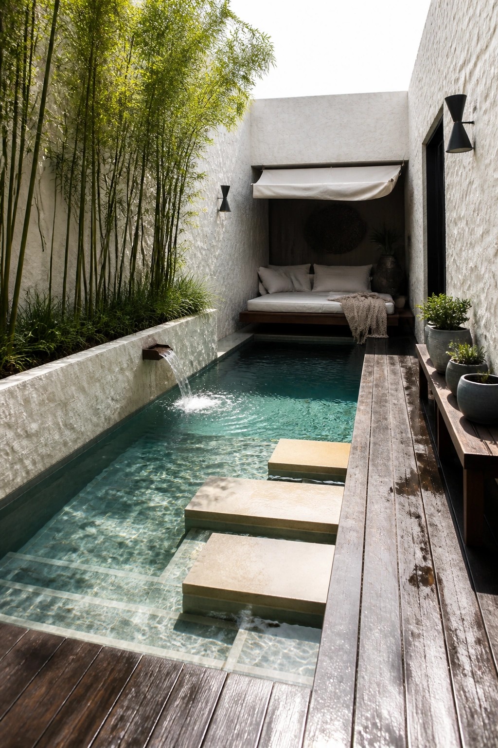 22 Gorgeous Modern Inground Pool Ideas for a Polished Backyard A narrow rectangular pool with light stone stepping blocks set across the water, next to a wooden deck, bamboo planting, and a built-in daybed at the far end.