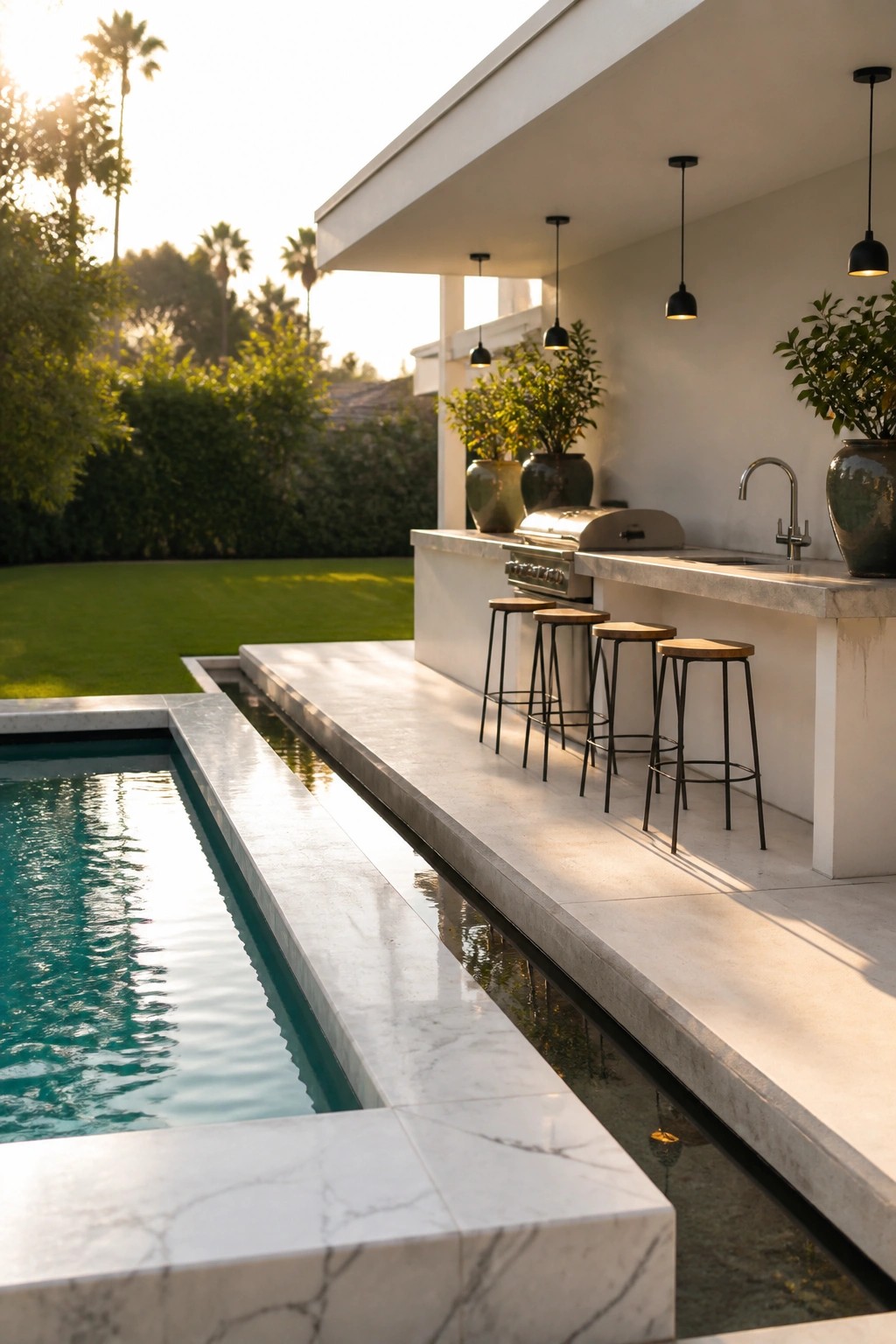 An outdoor kitchen bar with a long marble counter, four bar stools, built-in grill and sink, positioned directly beside a rectangular pool in a landscaped backyard.