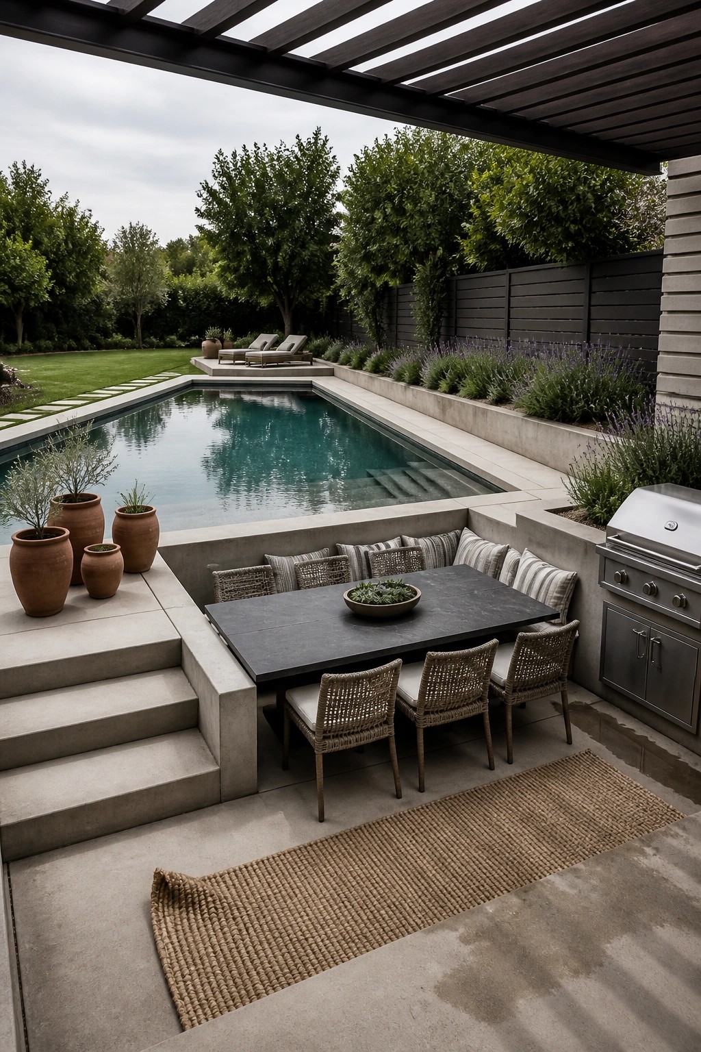 Modern patio with pool, dining table, woven chairs, grill, and terracotta pots.