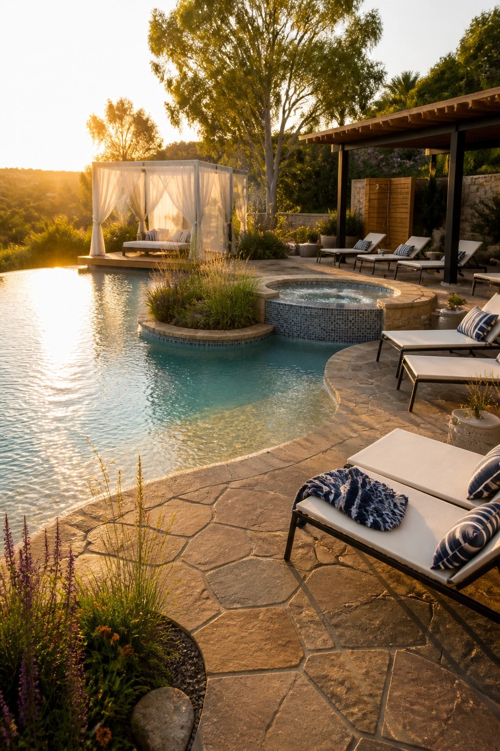 A modern pool patio featuring a white draped cabana on a wooden platform over the water, stone pavers, lounge chairs, and an integrated hot tub at sunset.
