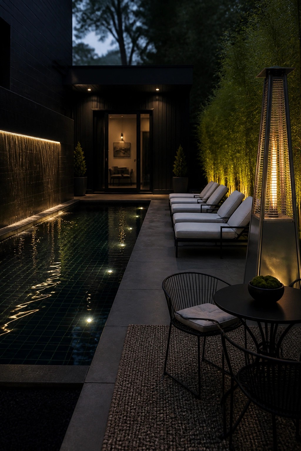 Night view of a modern rectangular pool with a row of white lounge chairs aligned along the right edge, a tall glowing patio heater nearby, and a dark house in the background.