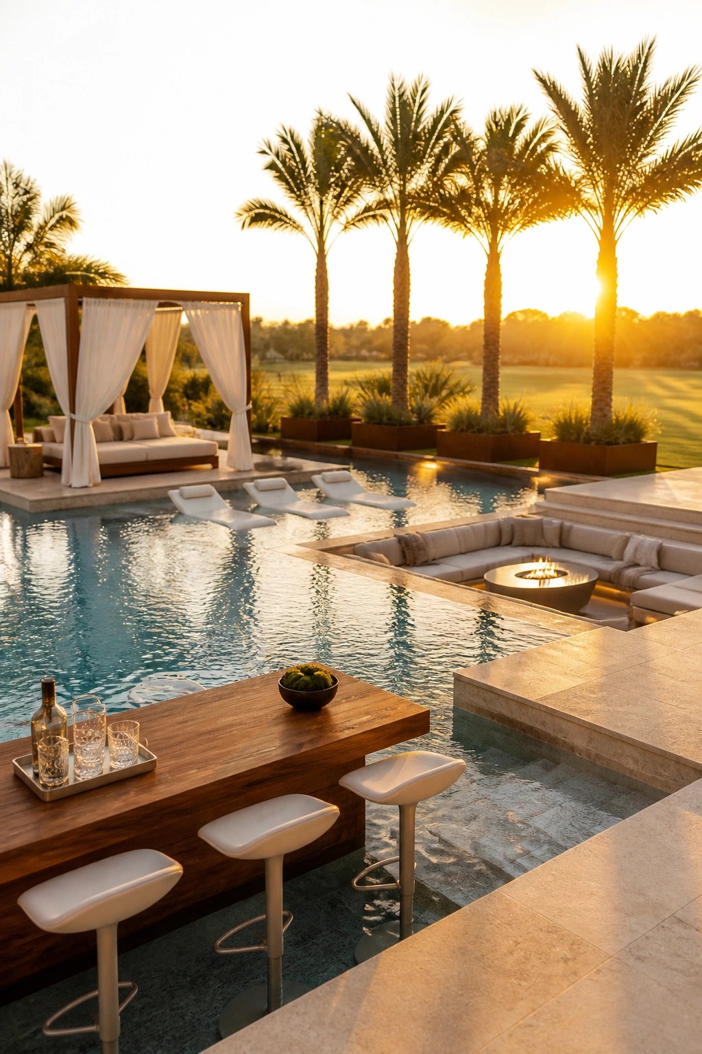 Luxurious poolside bar with white stools overlooking infinity pool at sunset with palm trees