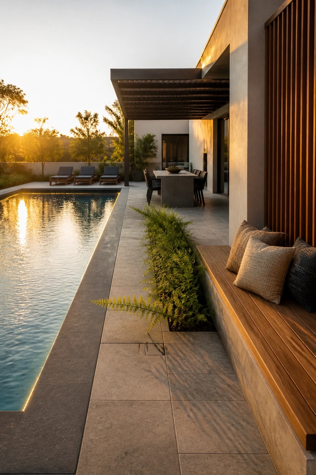 A modern backyard with a long rectangular pool lined with edge lighting, a concrete patio, a wooden built-in bench with cushions, and an outdoor dining area under a pergola.