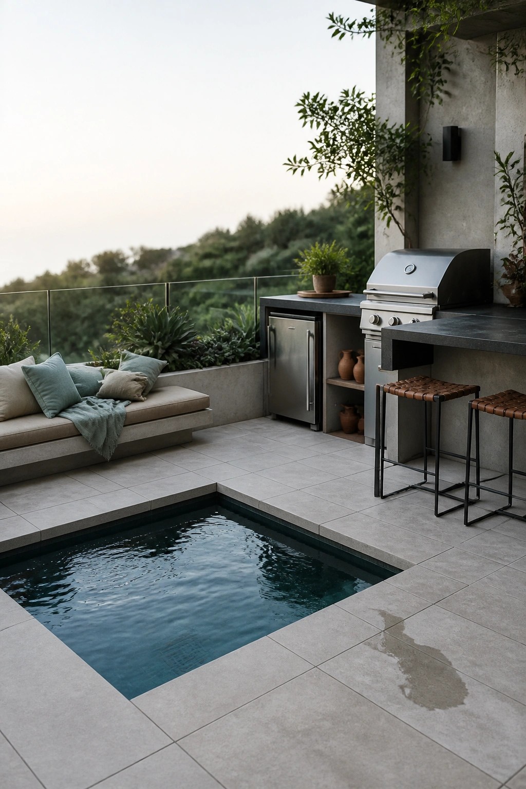 A modern outdoor patio features a rectangular pool with dark water, a built-in kitchen with stainless steel grill and under-counter fridge, two woven bar stools, and a concrete daybed with pillows, all set against a backdrop of green hills.