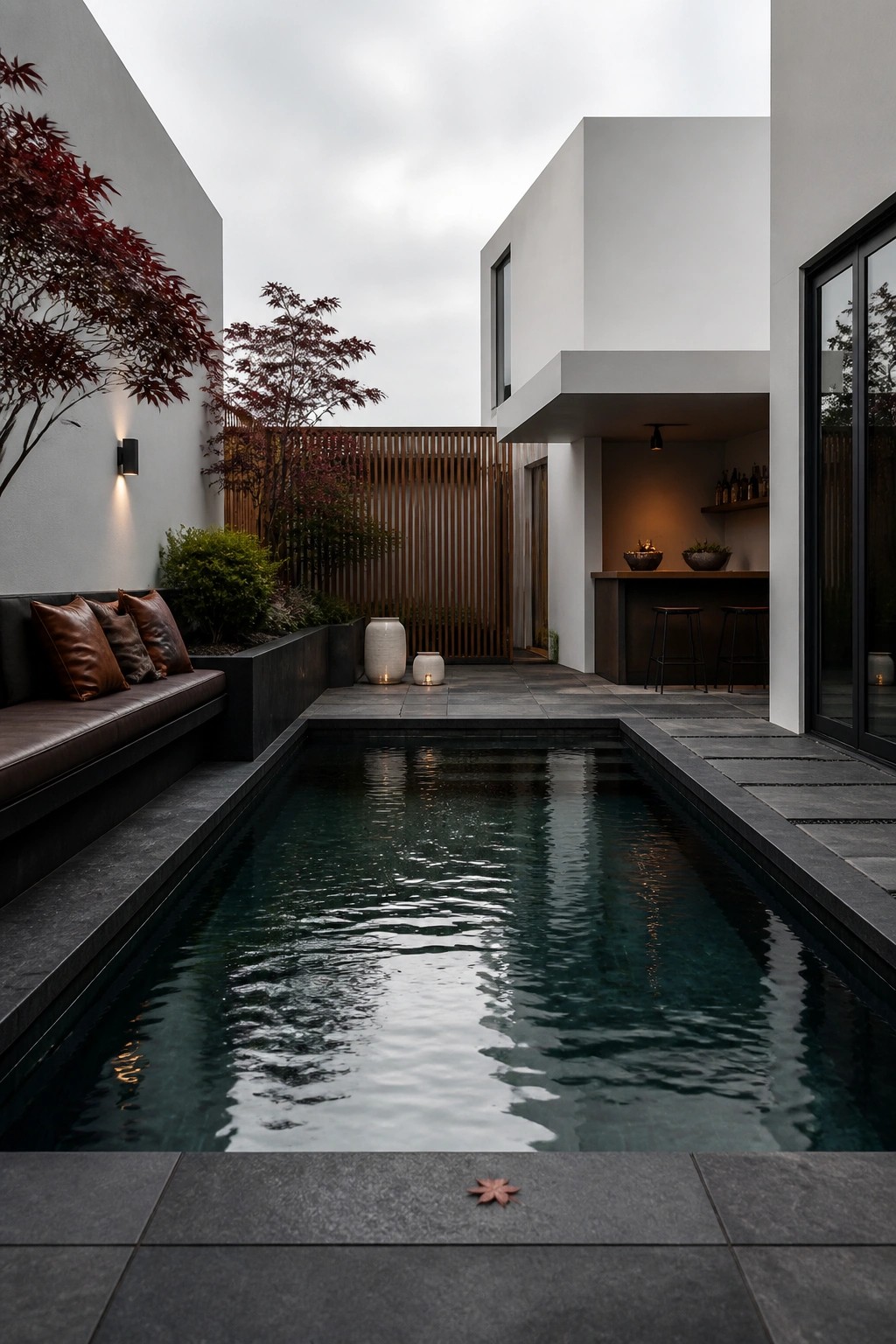 A rectangular lap pool in a modern courtyard with built-in bench seating along one side, an outdoor bar with stools, and dark paving.
