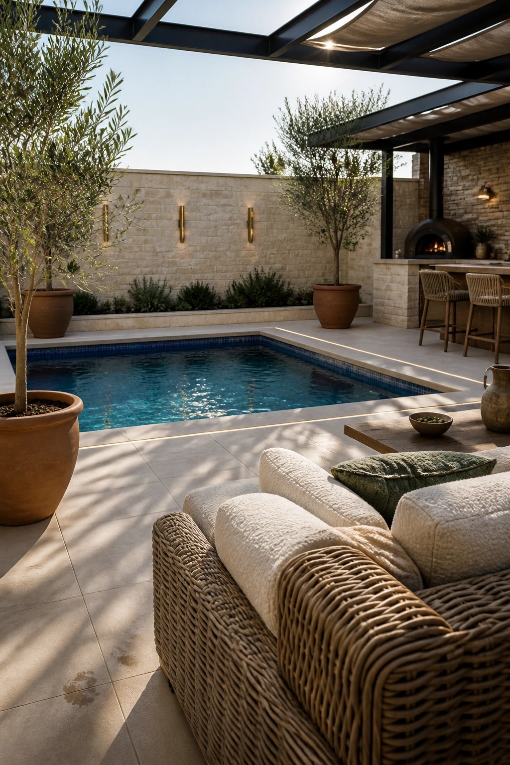 A modern pool patio featuring a large woven outdoor sofa in the foreground, a rectangular pool with blue tile, potted olive trees, and an outdoor kitchen under a black metal overhead structure.