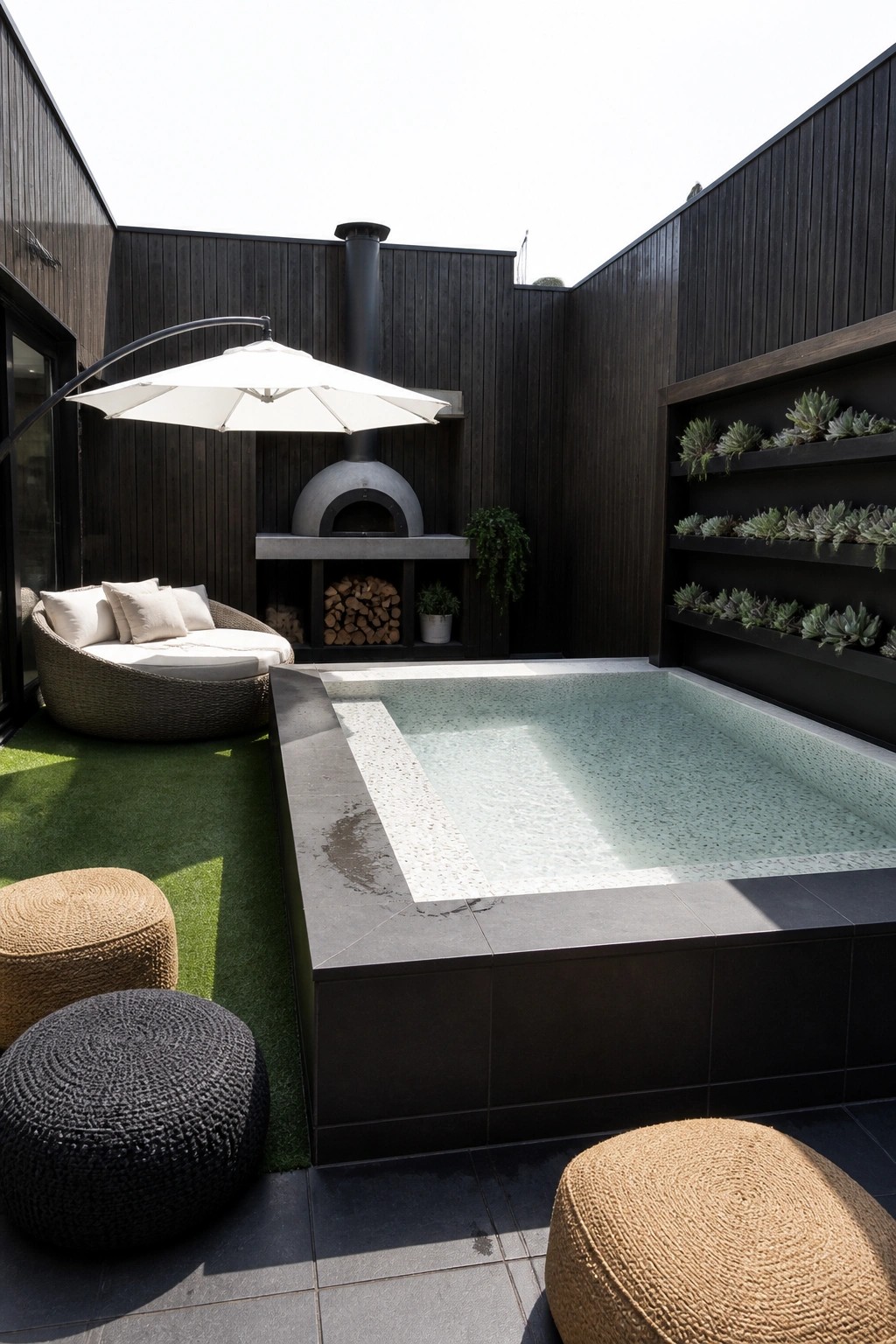 A rectangular pool with speckled light water sits in a dark-tiled patio, bordered by woven lounge chairs, a built-in pizza oven, and vertical succulent planters against black wood walls.