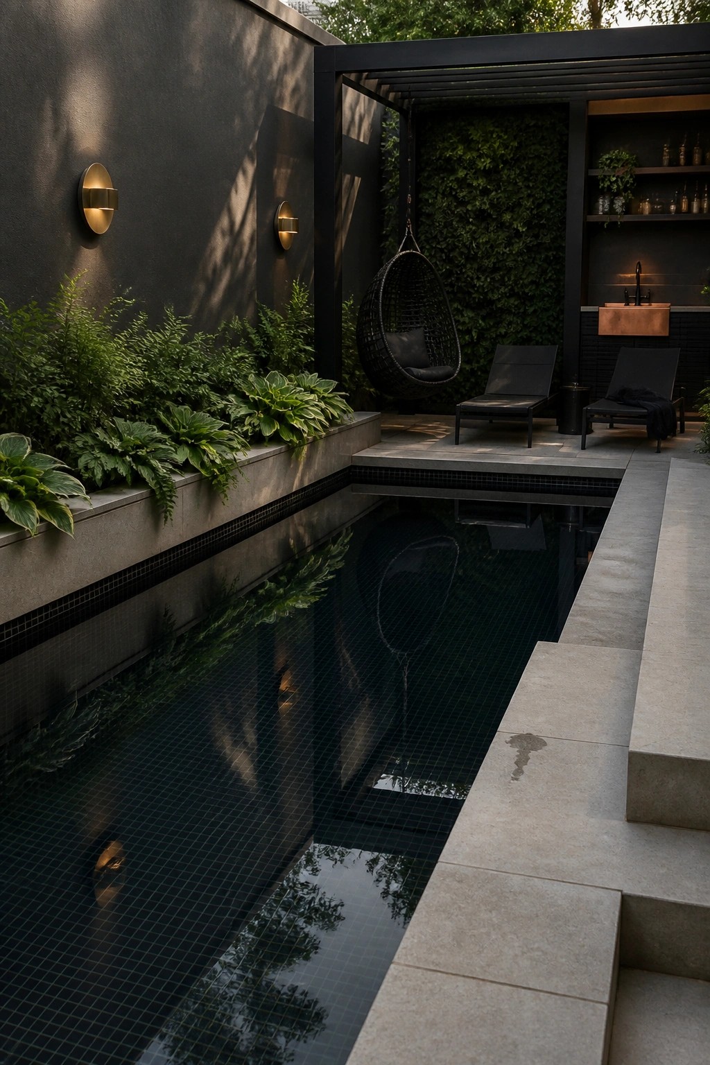 A narrow rectangular pool with dark mosaic tiles sits in a modern outdoor patio, surrounded by concrete decking, two lounge chairs, a hanging chair, and a built-in bar area with plants along the left wall.