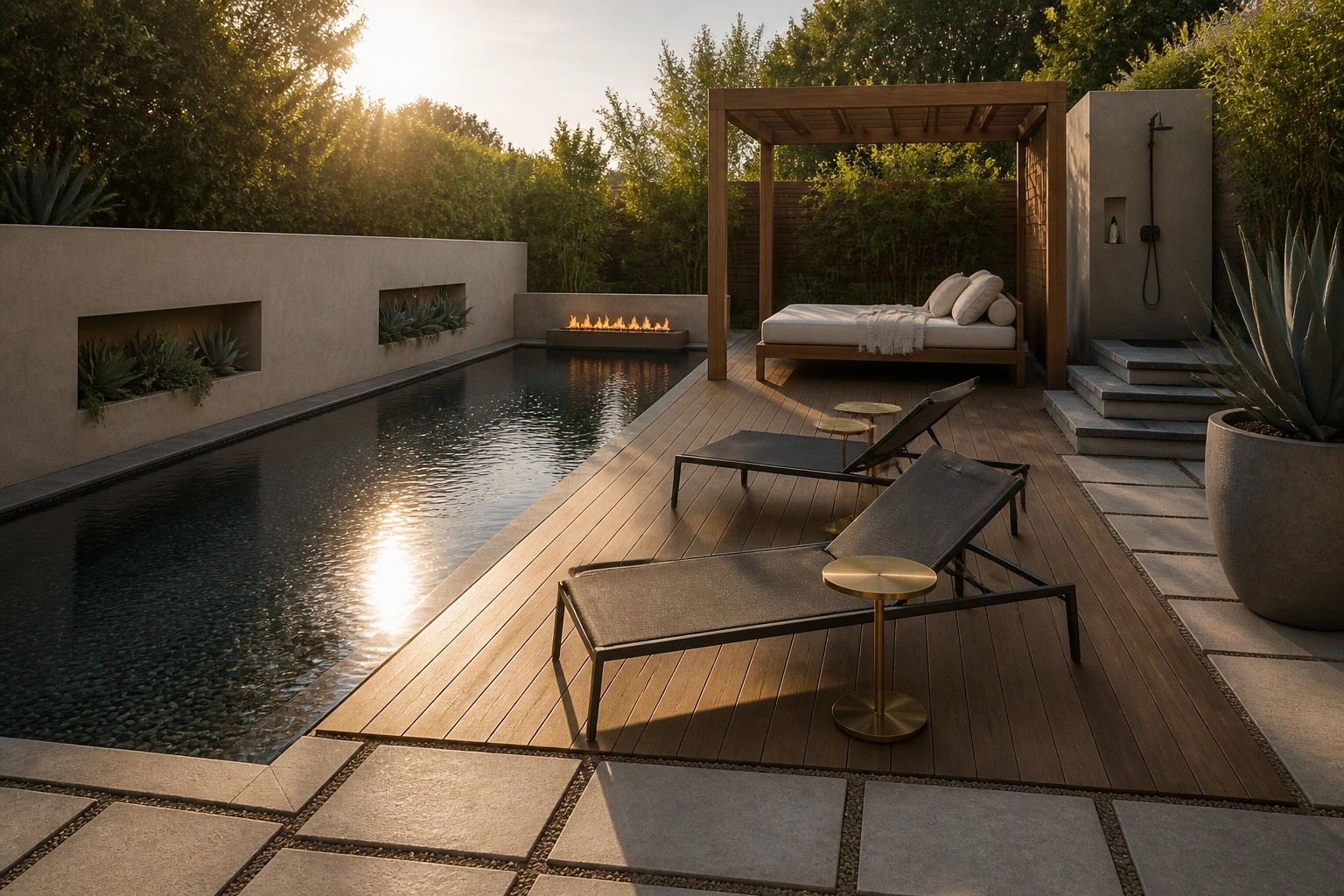 A narrow rectangular pool with a long wooden deck running along one side, furnished with dark lounge chairs and a small side table, plus a wooden pergola structure at the far end.
