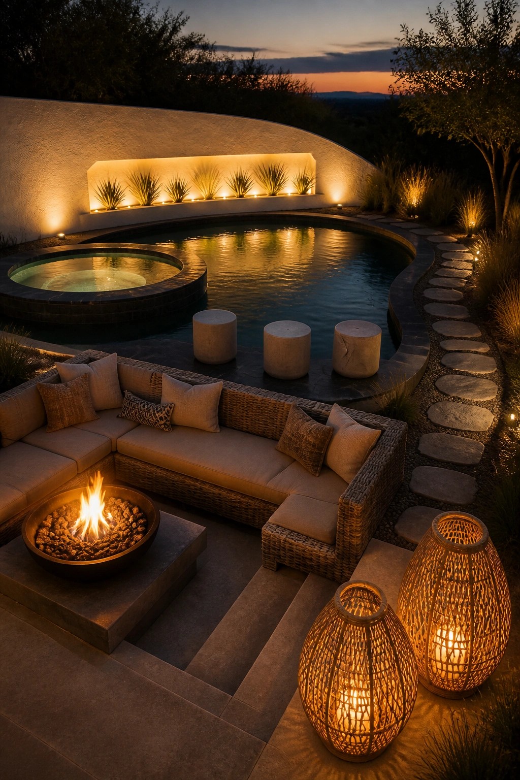 A curved pool at dusk with a circular fire pit, sectional sofa, and woven lanterns on nearby steps.