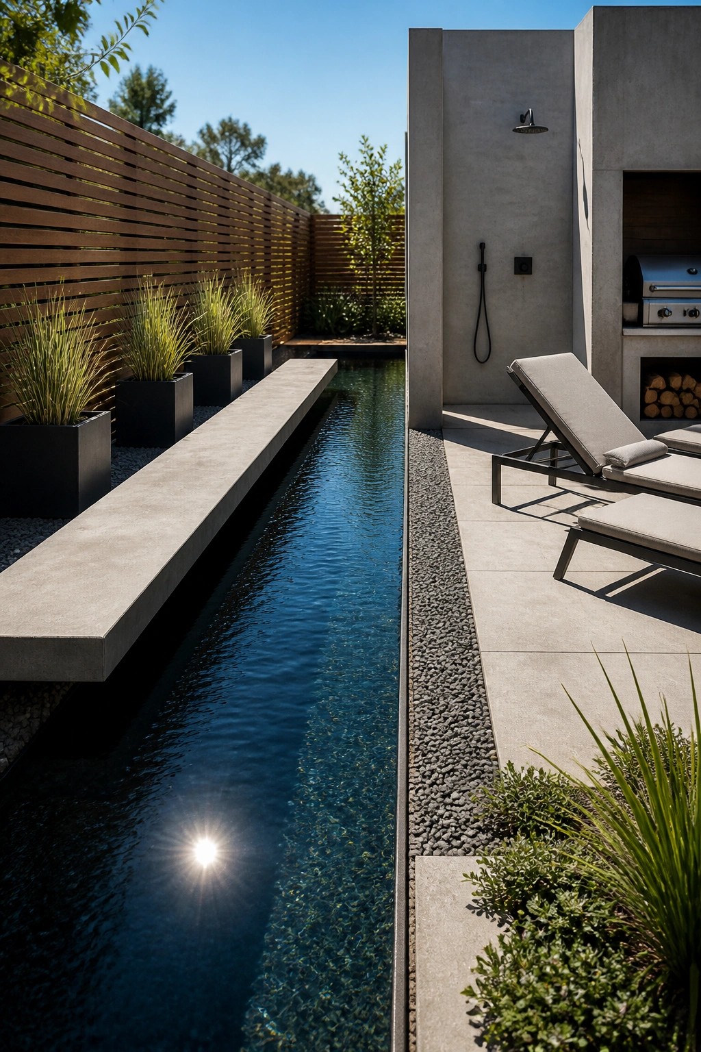 A narrow rectangular pool runs between a concrete bench on the left and pebble edging on the right, with lounge chairs on a paved patio beside a concrete wall that has an outdoor shower and built-in grill.