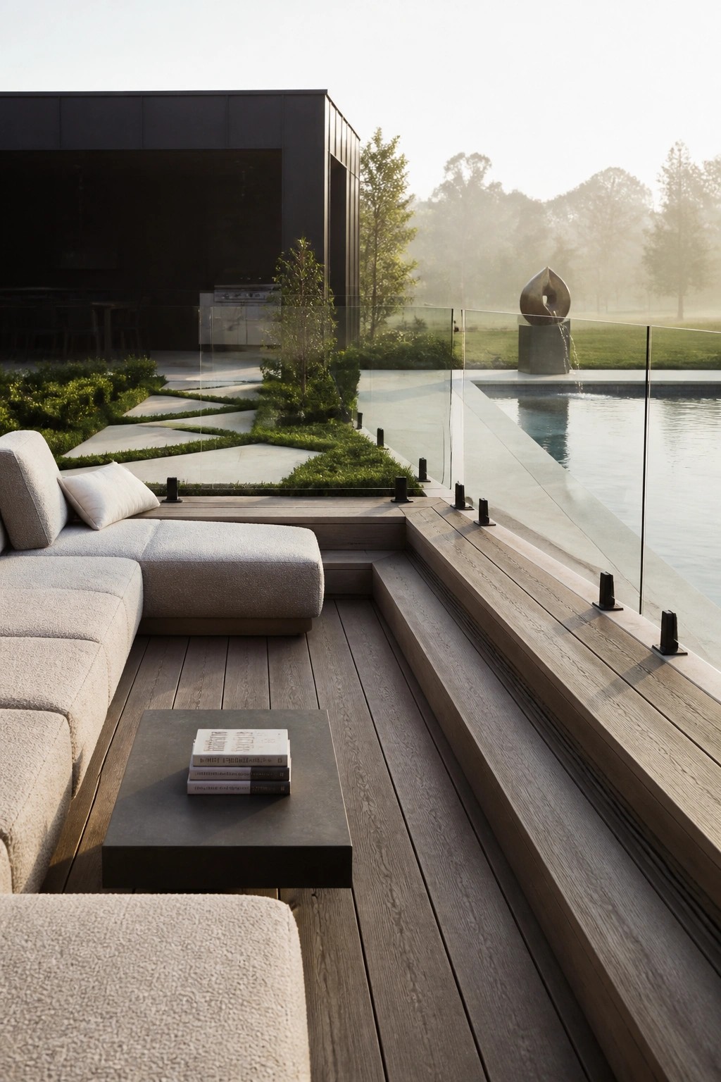Modern poolside deck with low light gray sectional sofa, dark wood flooring, glass railing, and an infinity pool in the background.