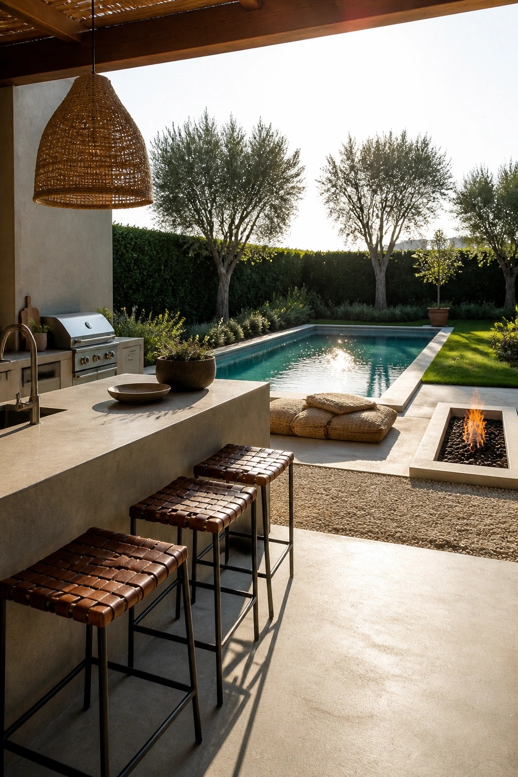 An outdoor concrete kitchen bar with woven leather strap stools faces a rectangular pool, with a fire pit on the right and trees in the background.